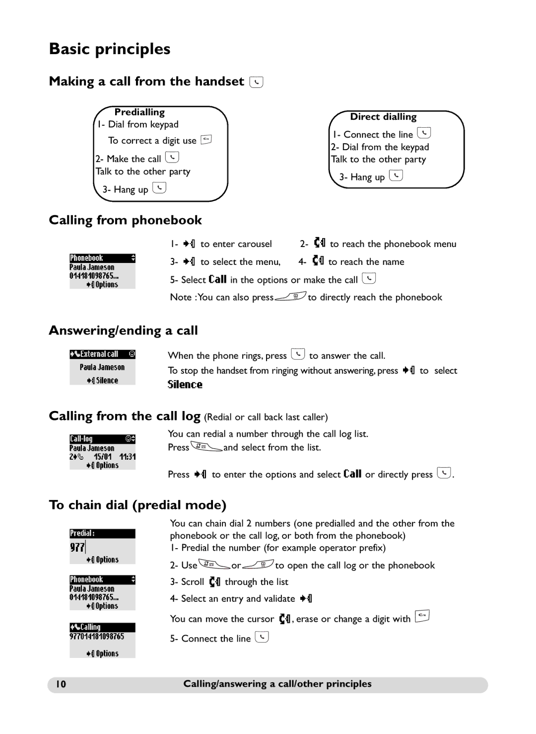 Philips SS071P manual Basic principles, Making a call from the handset, Calling from phonebook, Answering/ending a call 