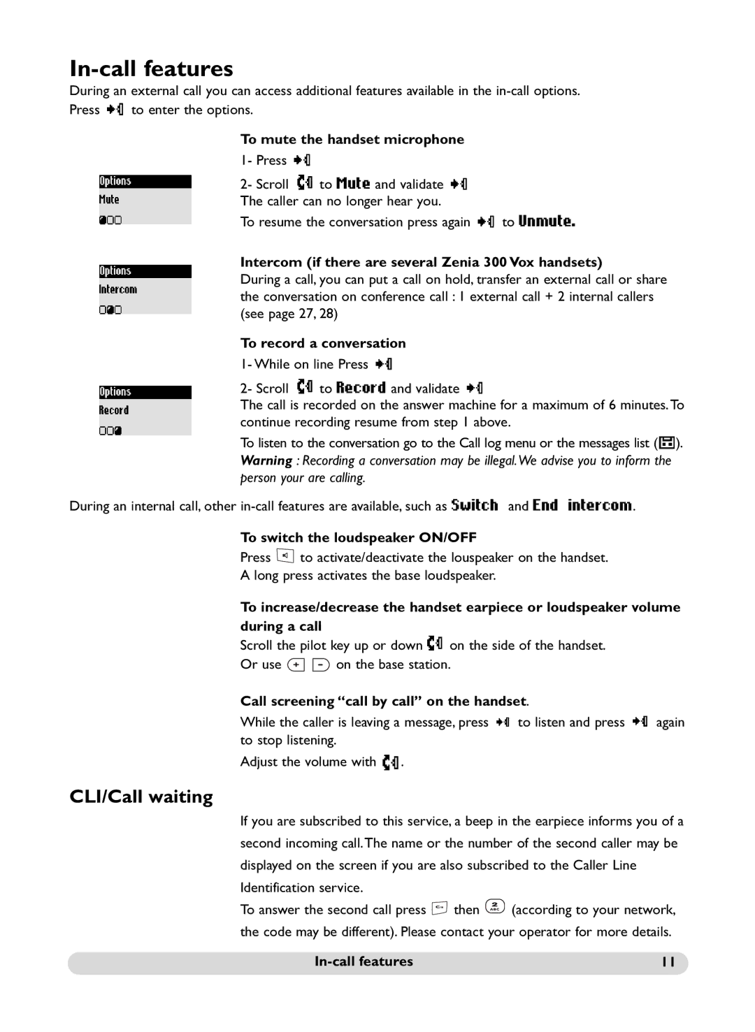 Philips SS071P manual In-call features, CLI/Call waiting 