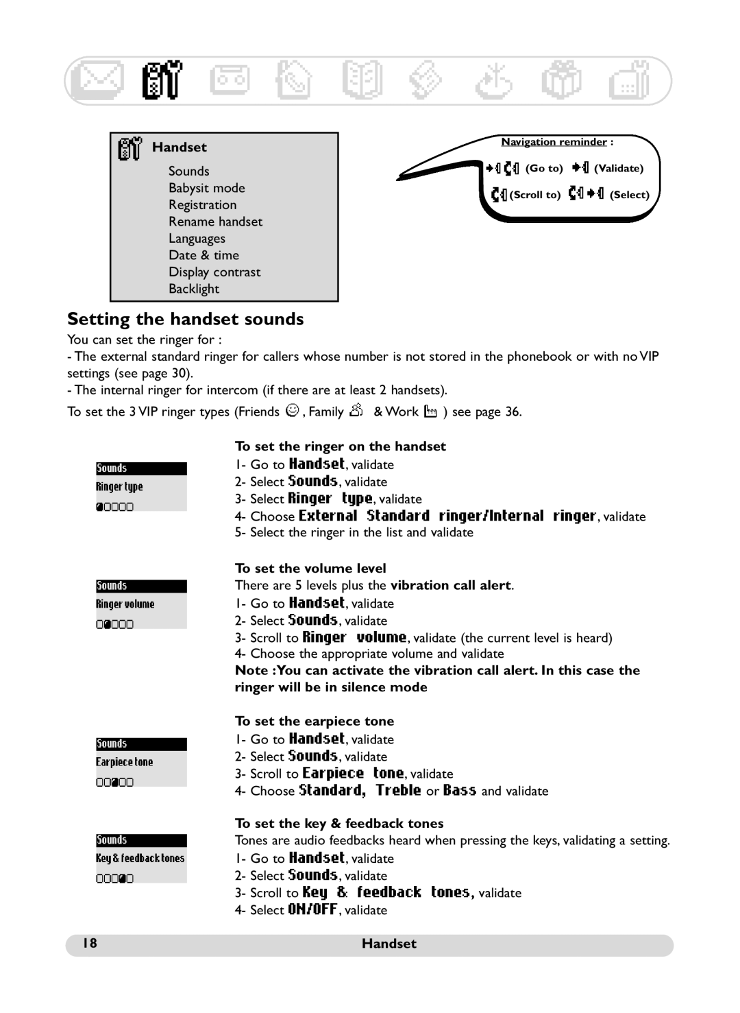 Philips SS071P manual Setting the handset sounds 