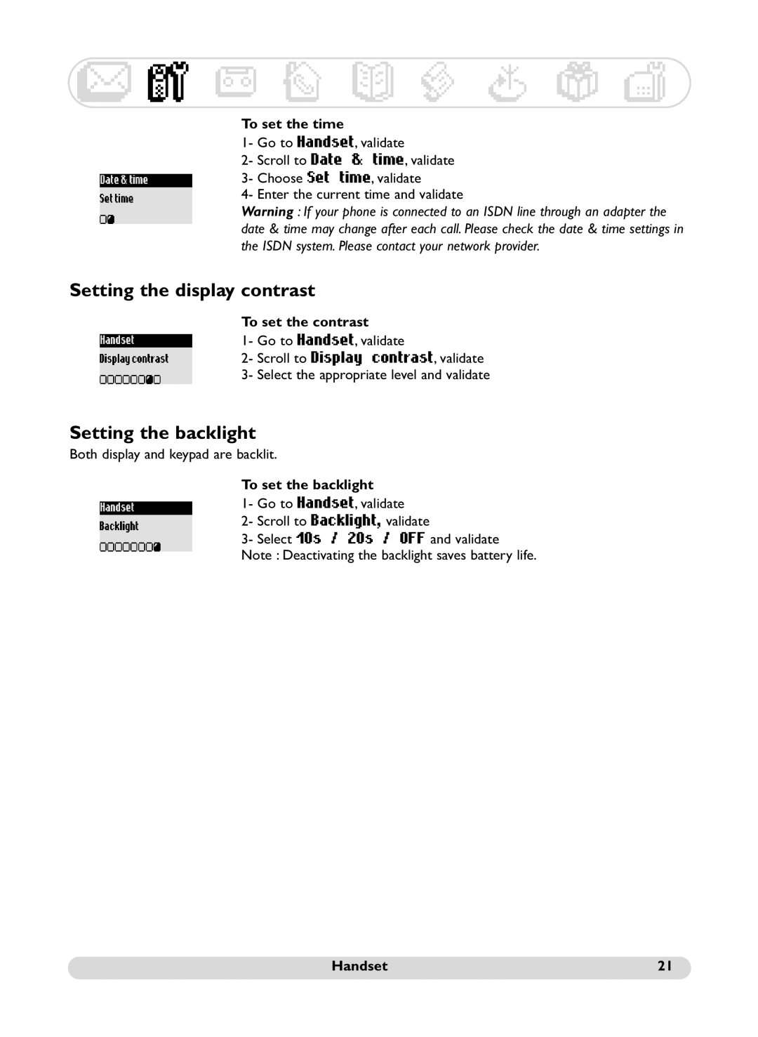 Philips SS071P manual Setting the display contrast, Setting the backlight 