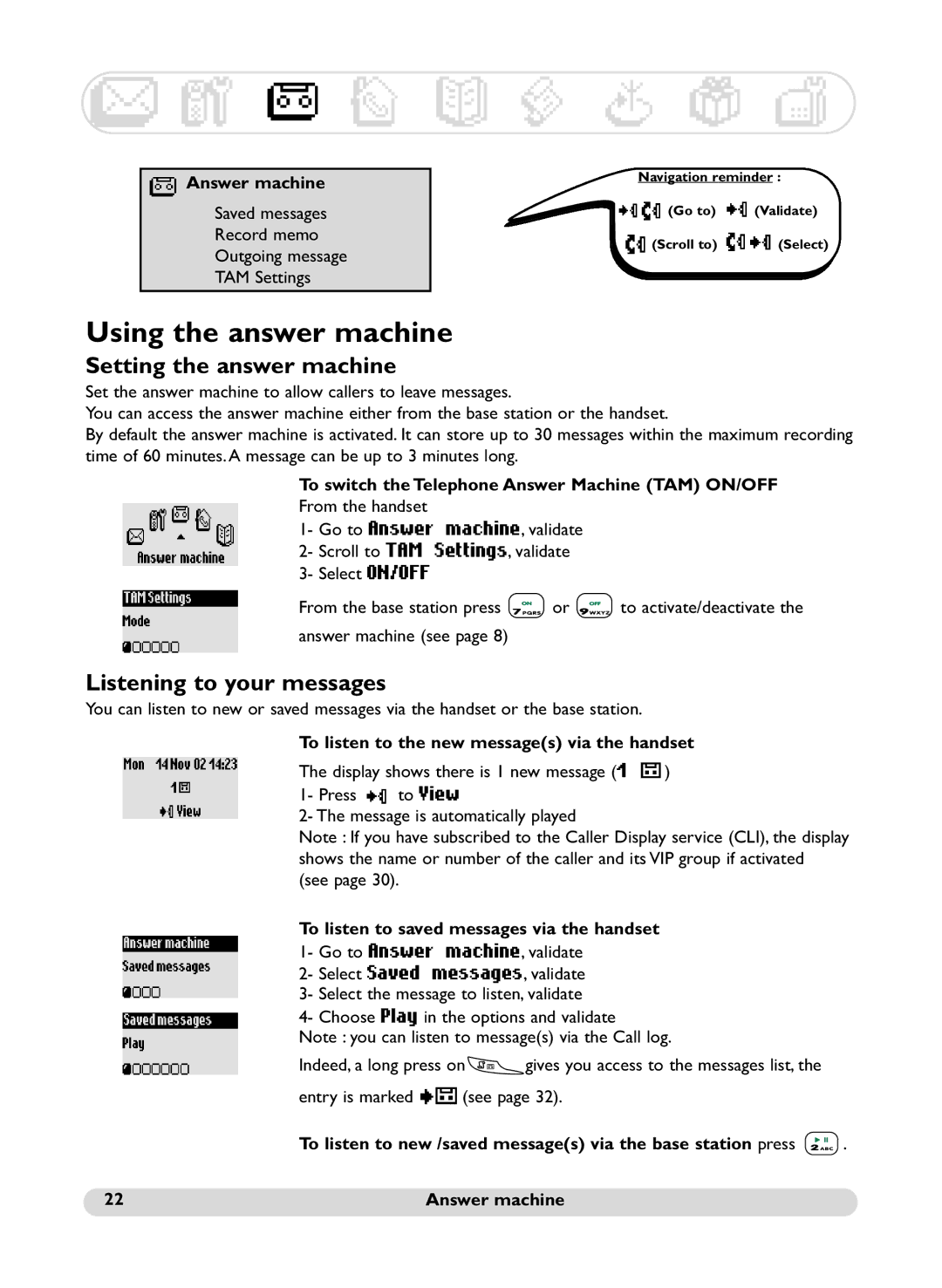 Philips SS071P manual Using the answer machine, Setting the answer machine, Listening to your messages 