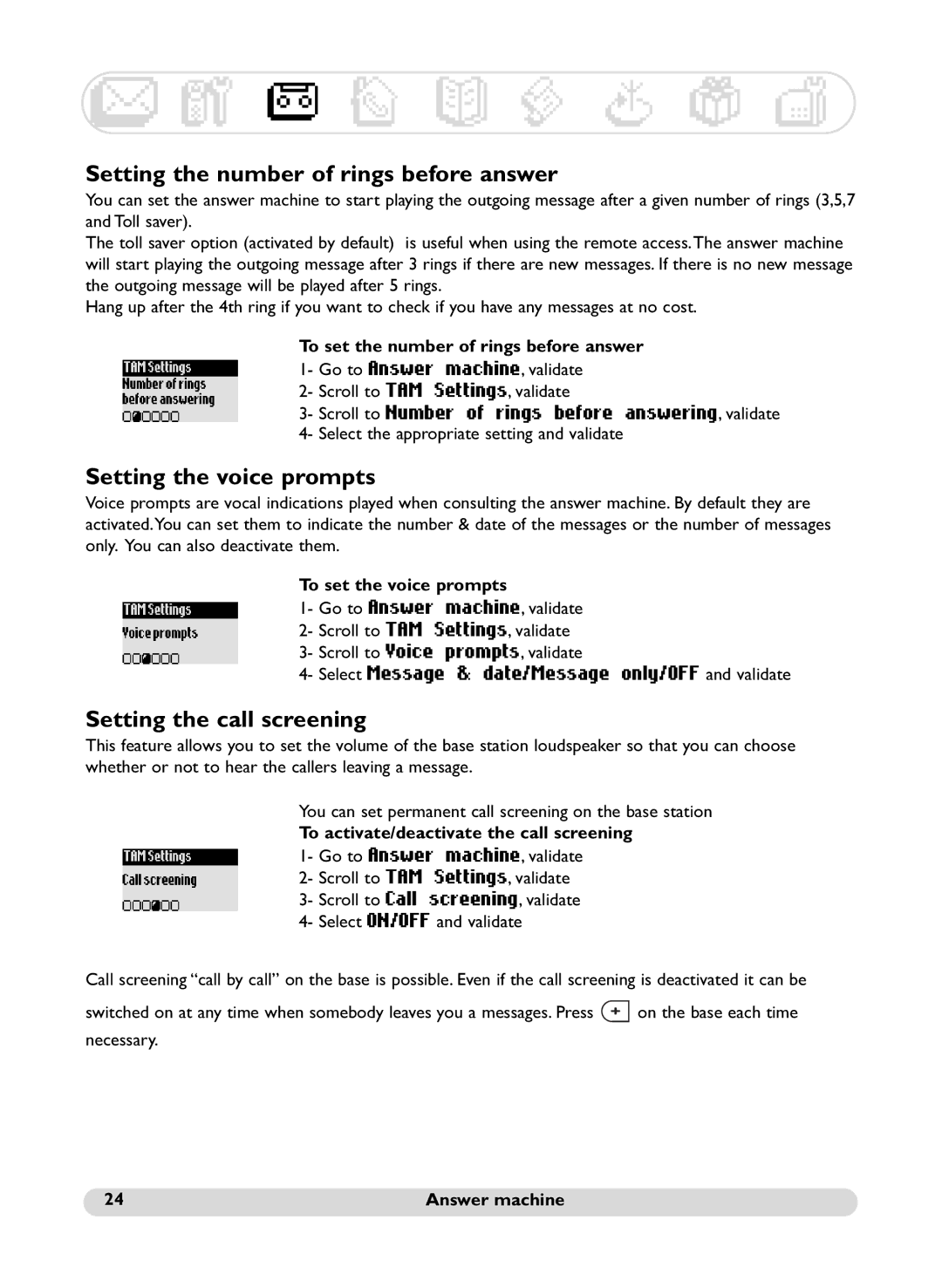 Philips SS071P manual Setting the number of rings before answer, Setting the voice prompts, Setting the call screening 