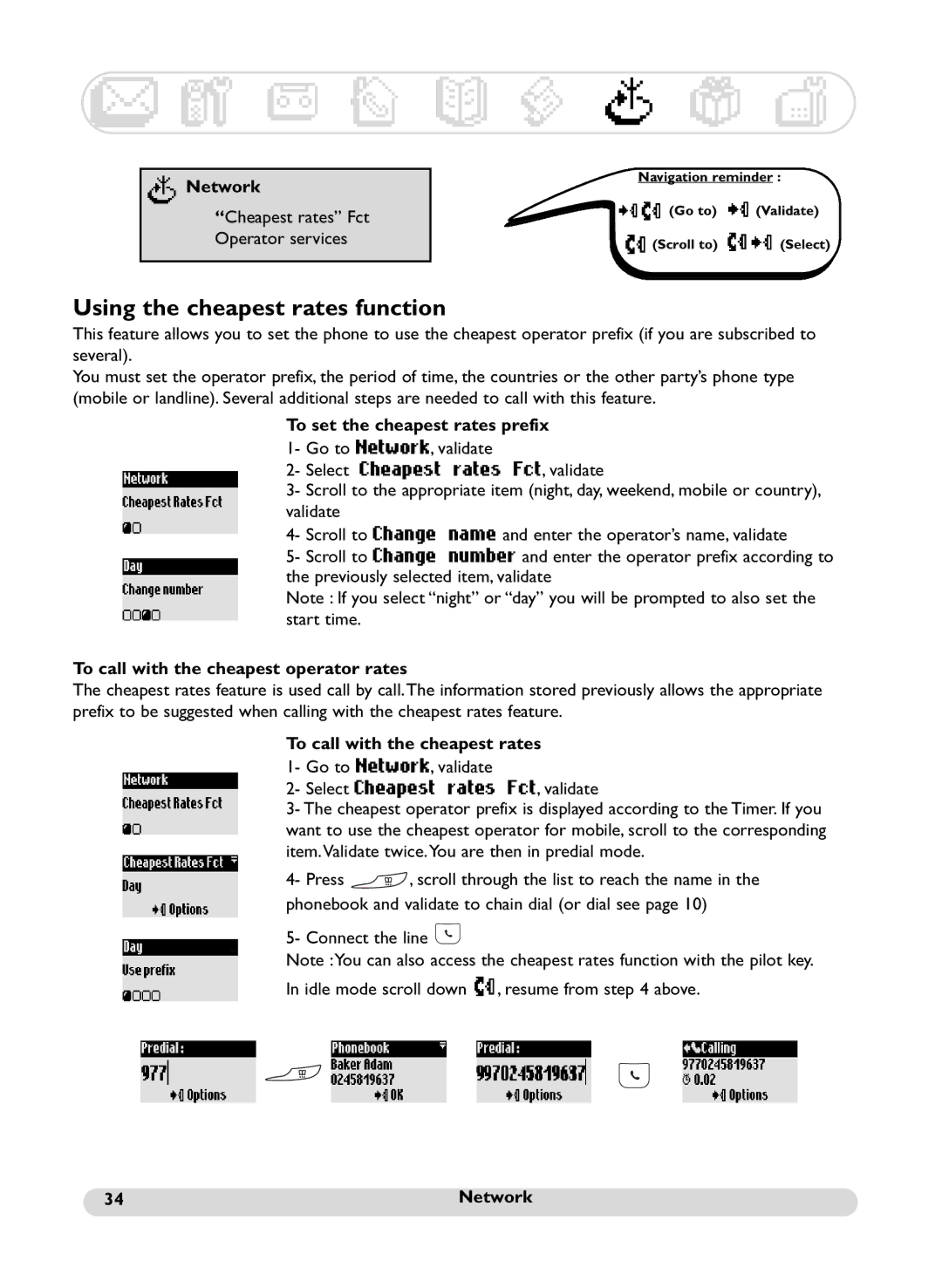 Philips SS071P manual Using the cheapest rates function, Network, Connect the line Idle mode scroll down 