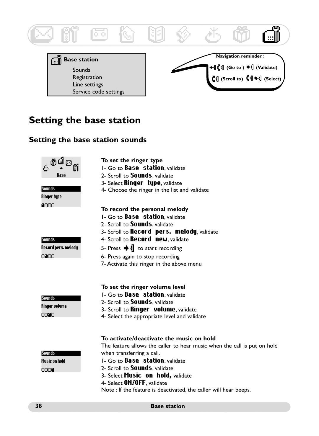 Philips SS071P manual Setting the base station sounds 