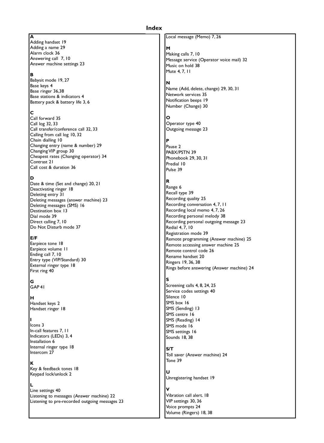 Philips SS071P manual Index, Pabx/Pstn 