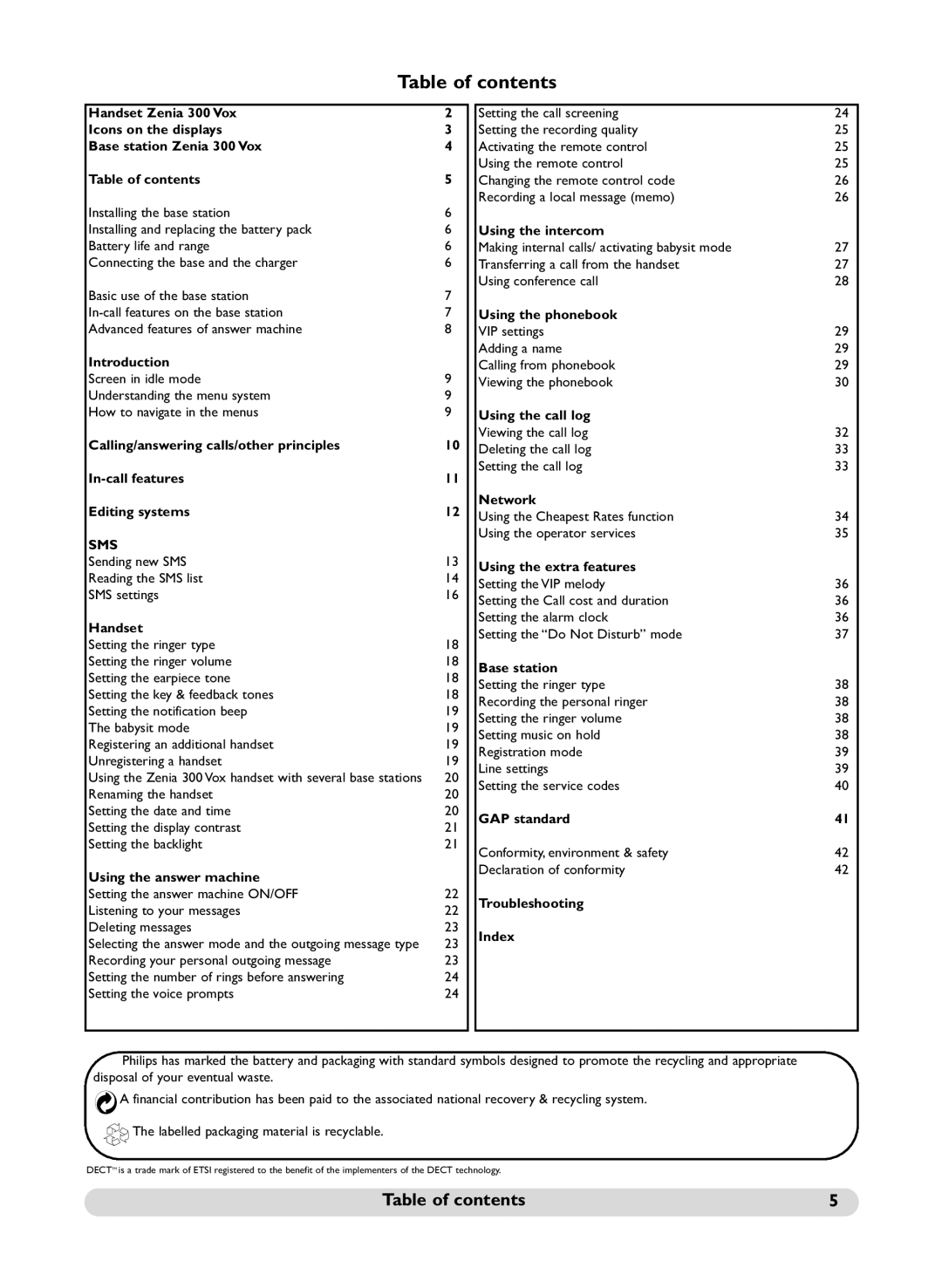 Philips SS071P manual Table of contents 