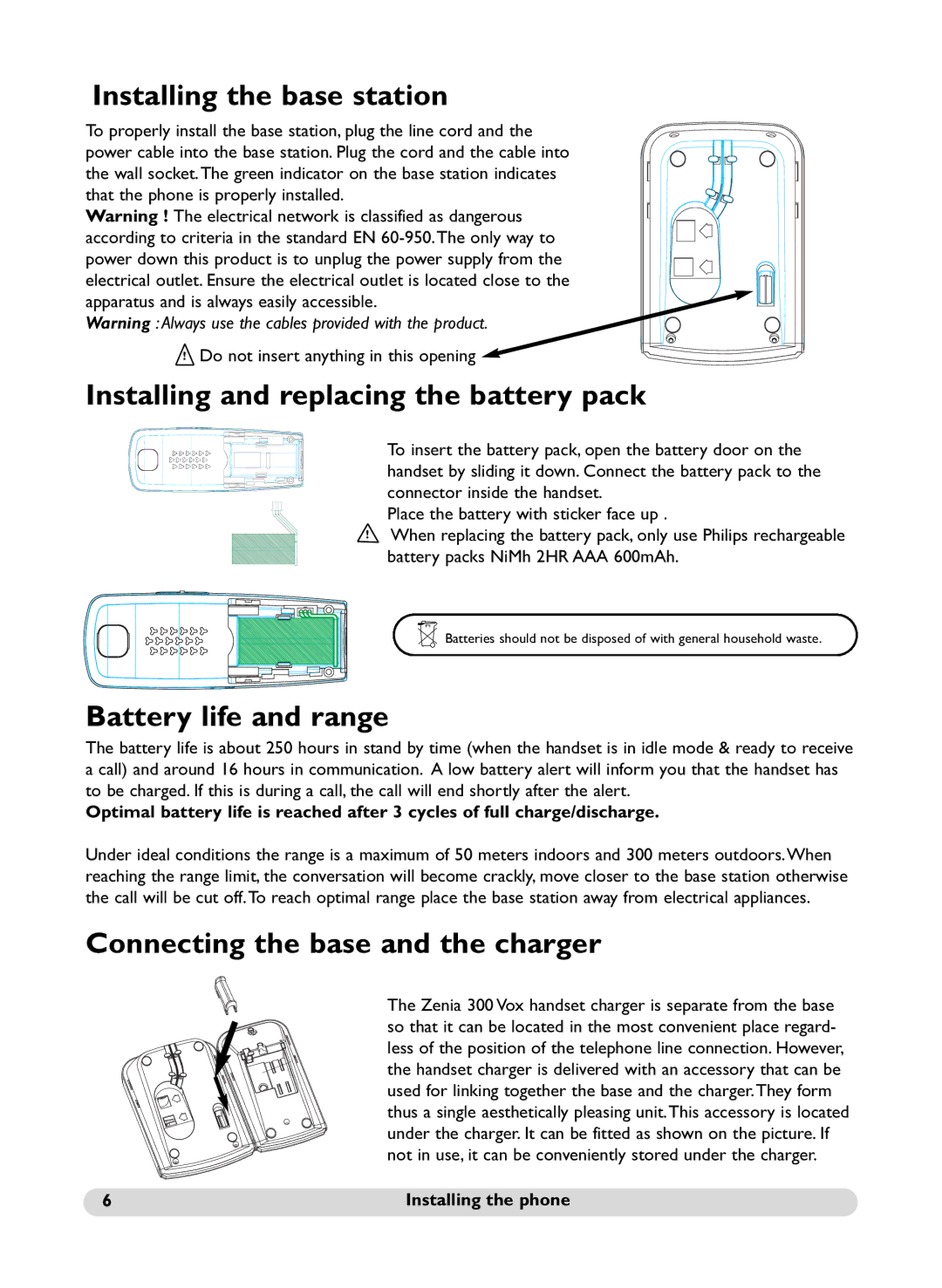 Philips SS071P manual Installing the base station, Installing and replacing the battery pack, Battery life and range 