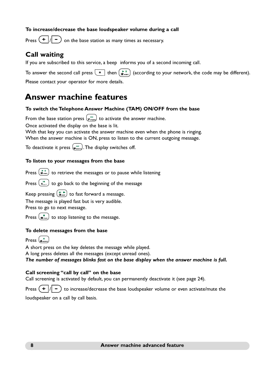 Philips SS071P manual Answer machine features, Call waiting 