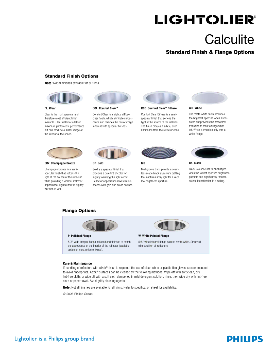 Philips Standard Finish & Flange Options specifications Standard Finish Options 