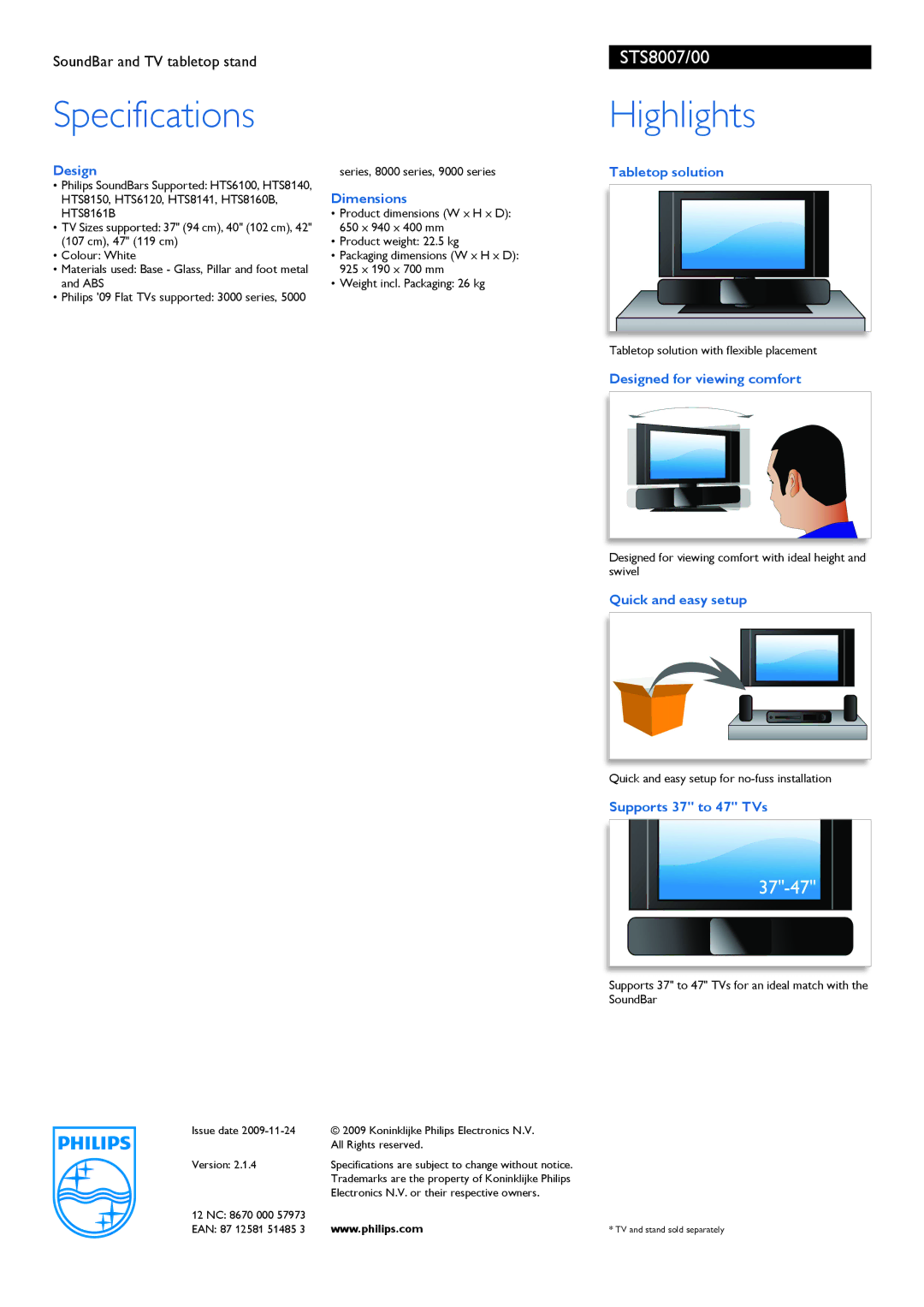 Philips STS8007/00 manual Specifications, Highlights 