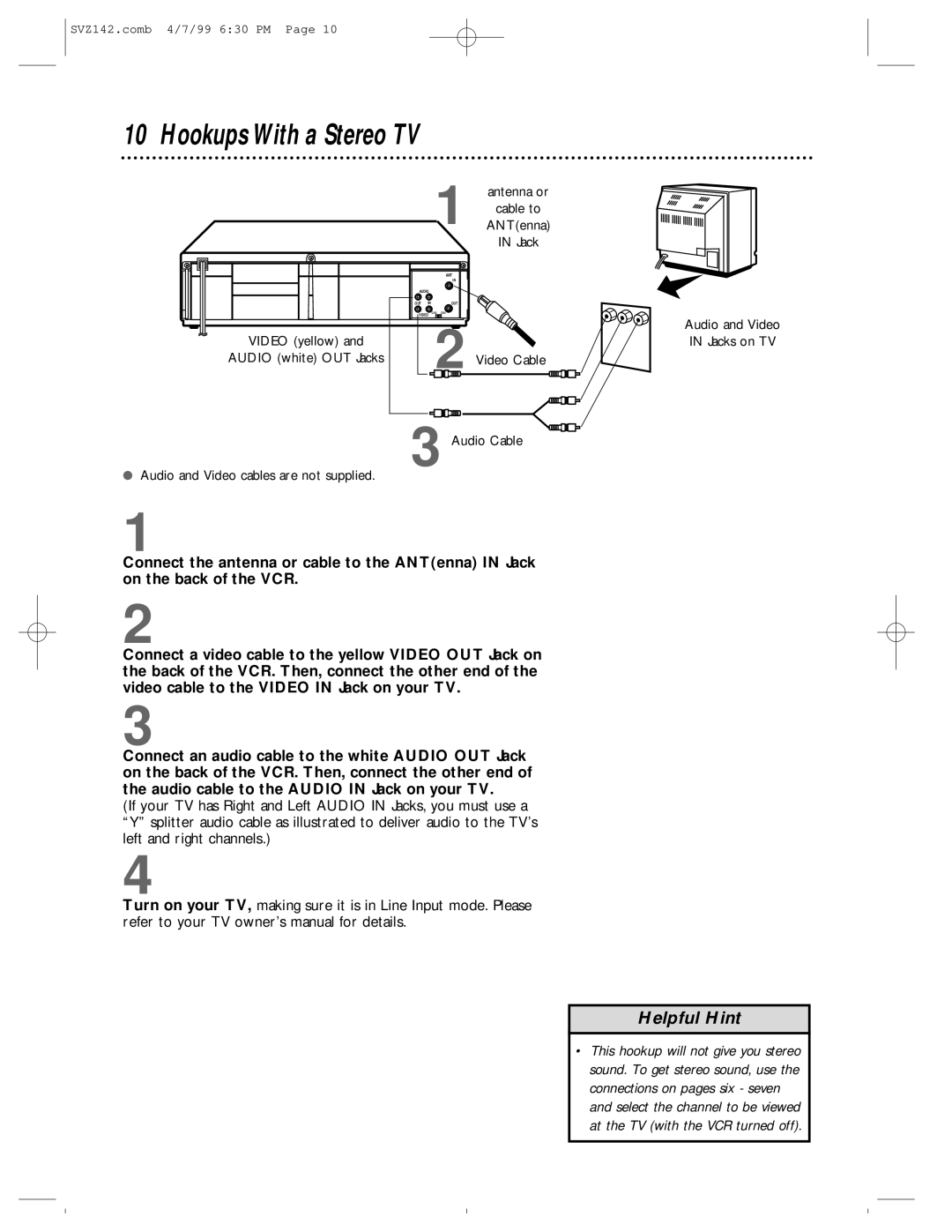 Philips SV2000 owner manual Hookups With a Stereo TV 