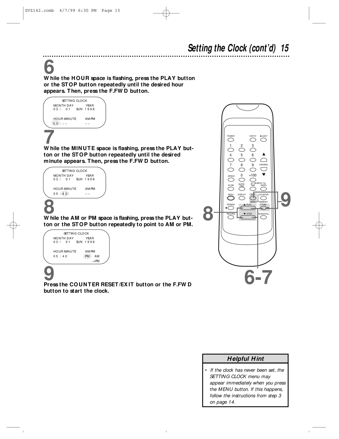 Philips SV2000 owner manual Setting the Clock cont’d 