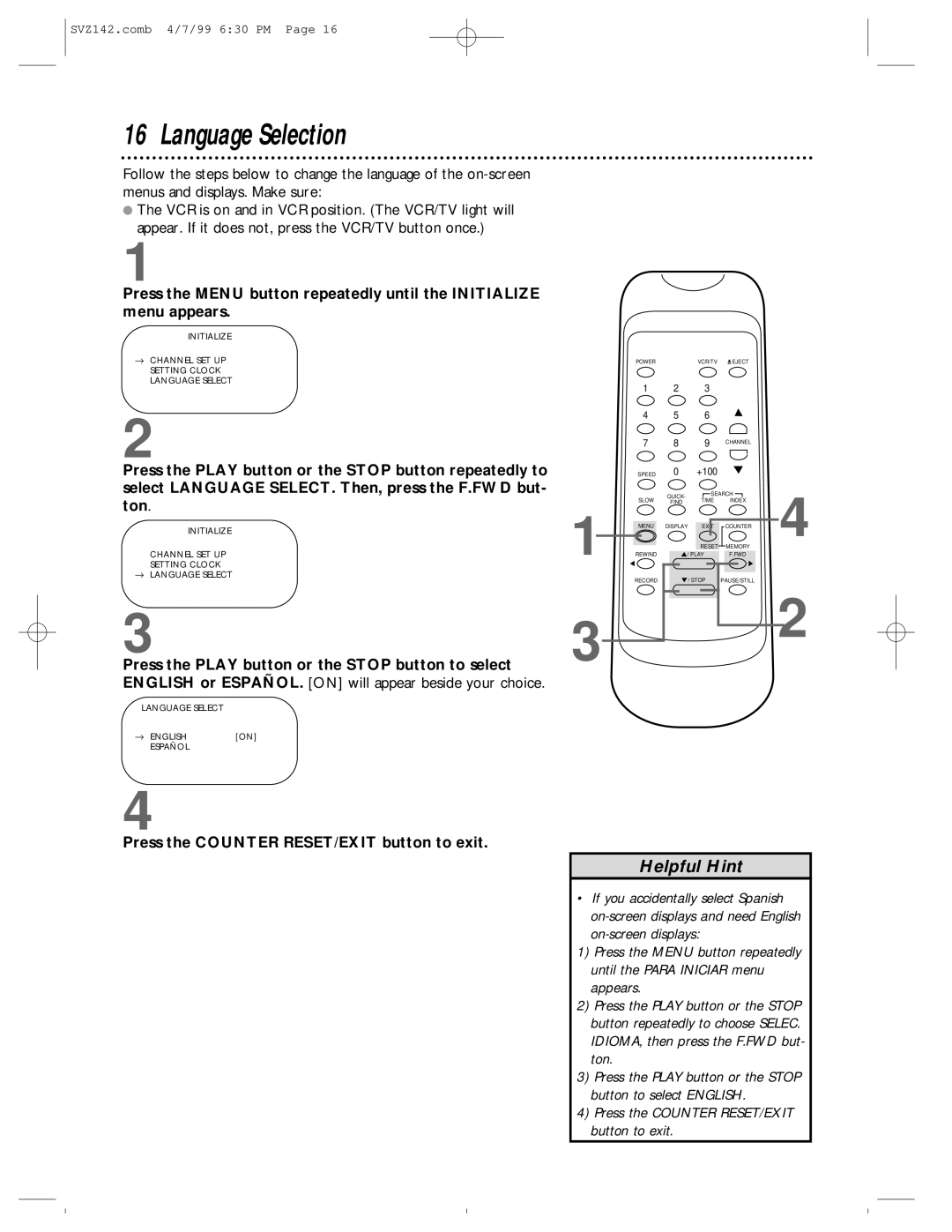 Philips SV2000 owner manual Language Selection, Press the Counter RESET/EXIT button to exit 