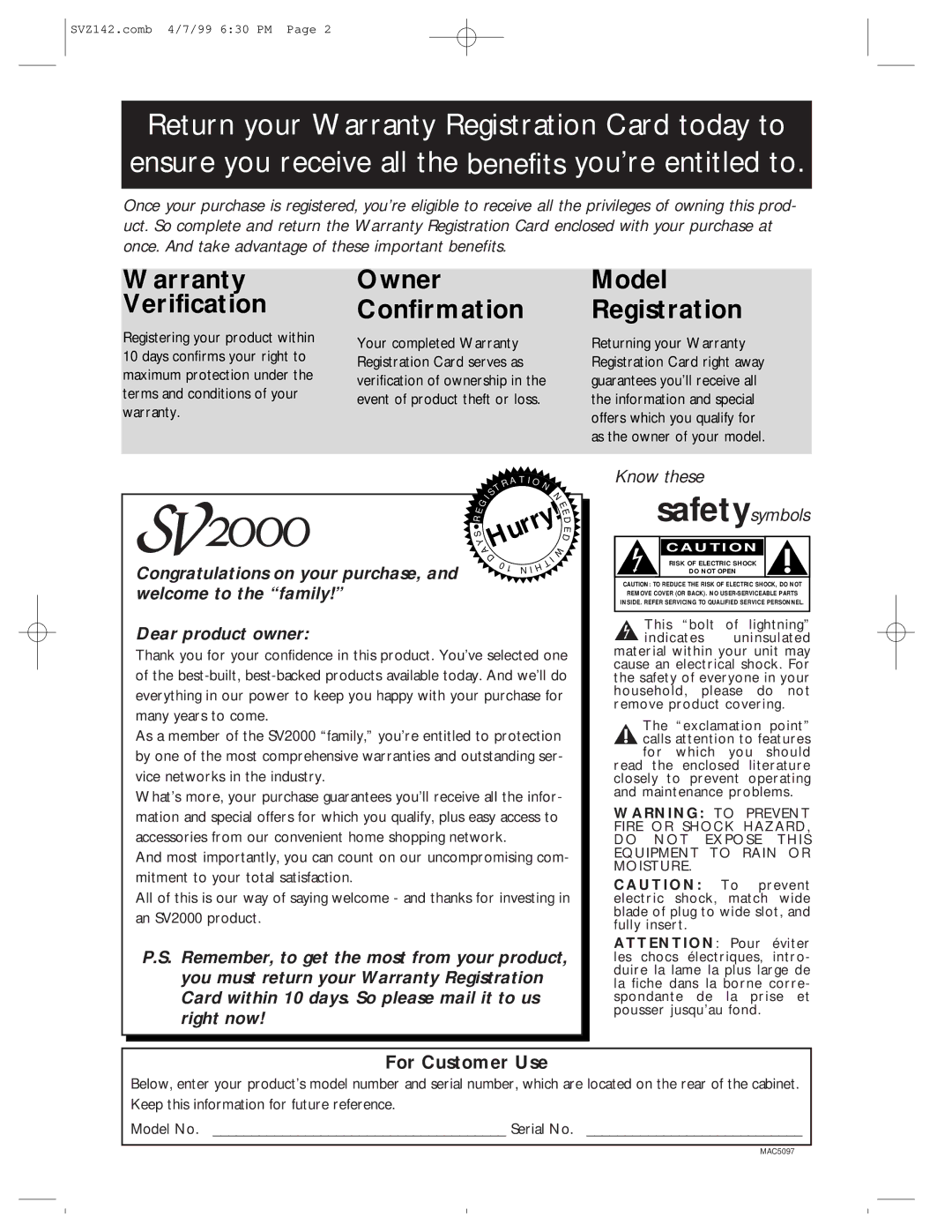 Philips SV2000 owner manual Warranty Verification, For Customer Use 