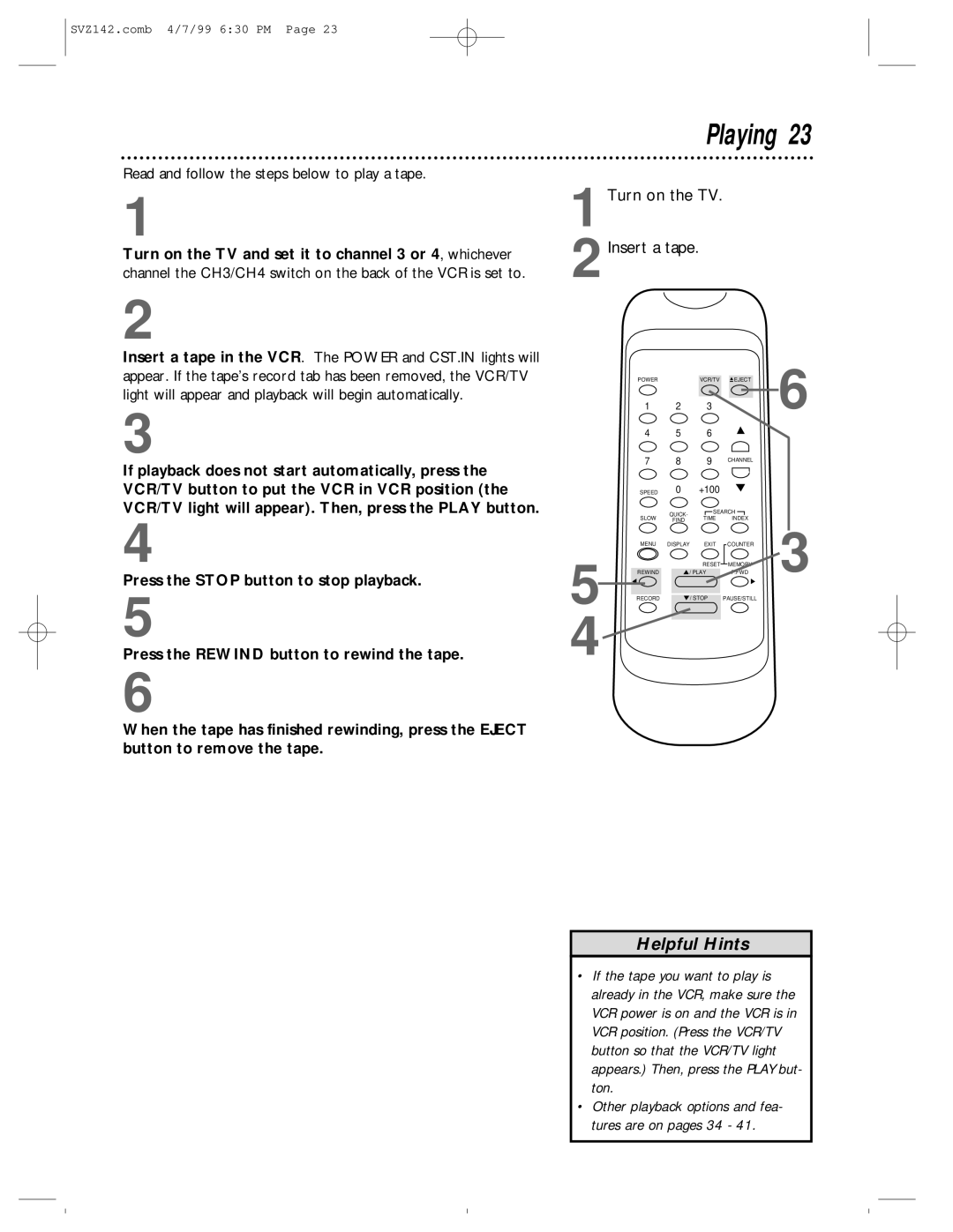 Philips SV2000 owner manual Playing, Read and follow the steps below to play a tape 