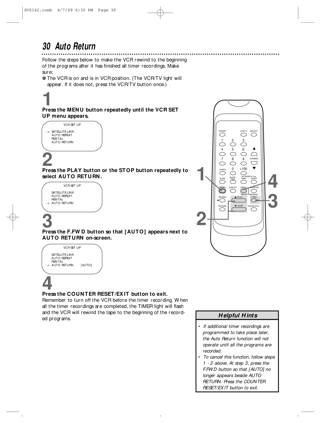 Philips SV2000 owner manual Auto Return 