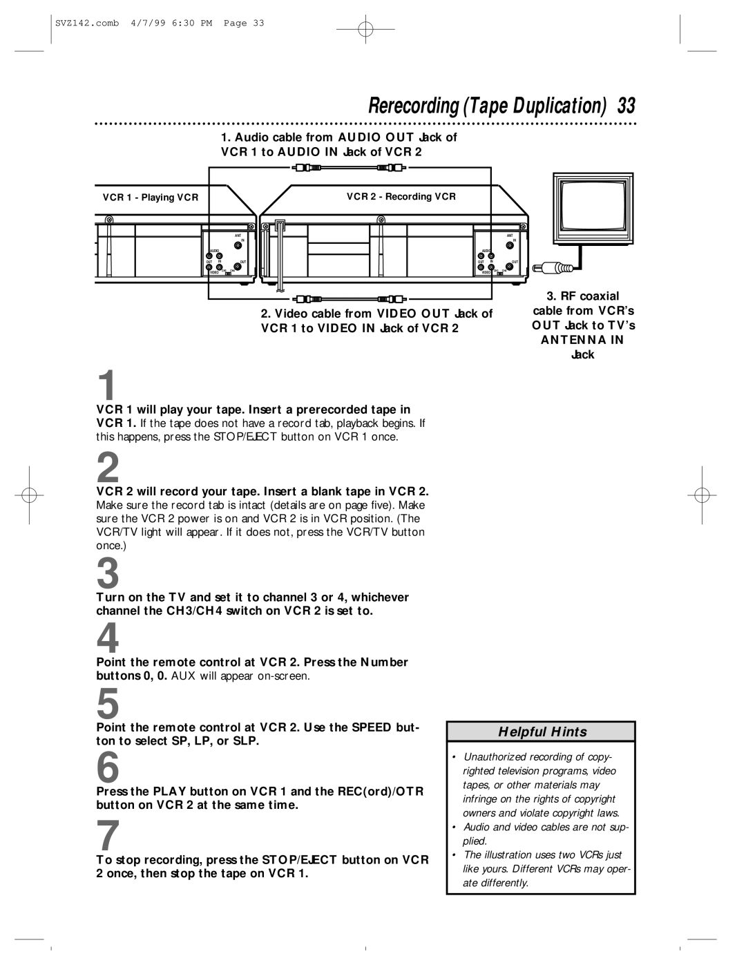 Philips SV2000 owner manual Rerecording Tape Duplication, Jack 