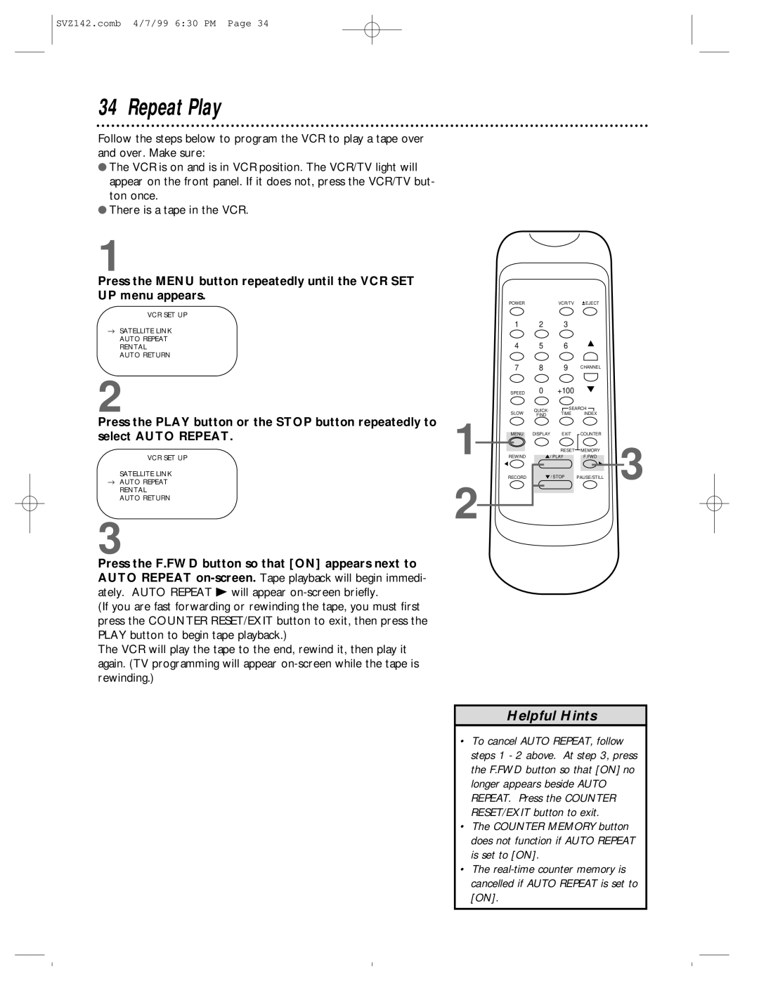 Philips SV2000 owner manual Repeat Play 