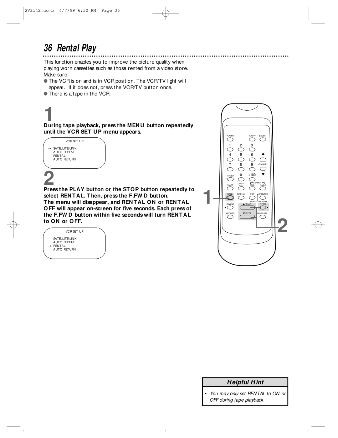 Philips SV2000 owner manual Rental Play, Menu will disappear, and Rental on or Rental, To on or OFF 