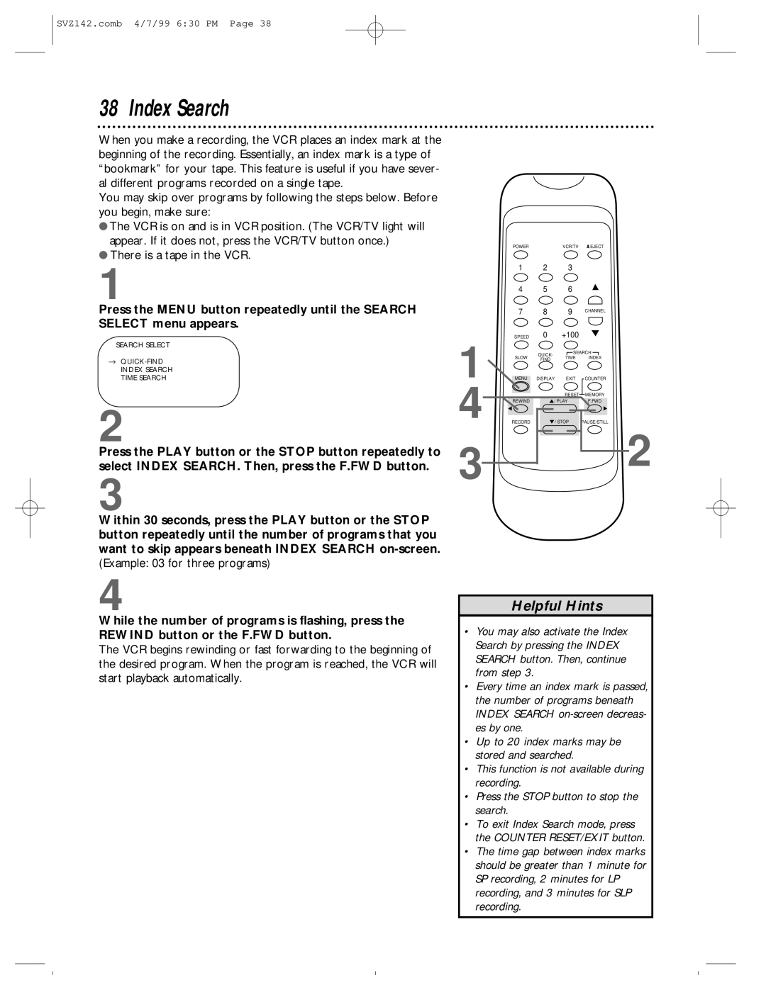 Philips SV2000 owner manual Index Search 