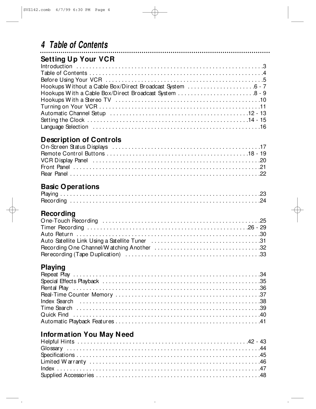 Philips SV2000 owner manual Table of Contents 