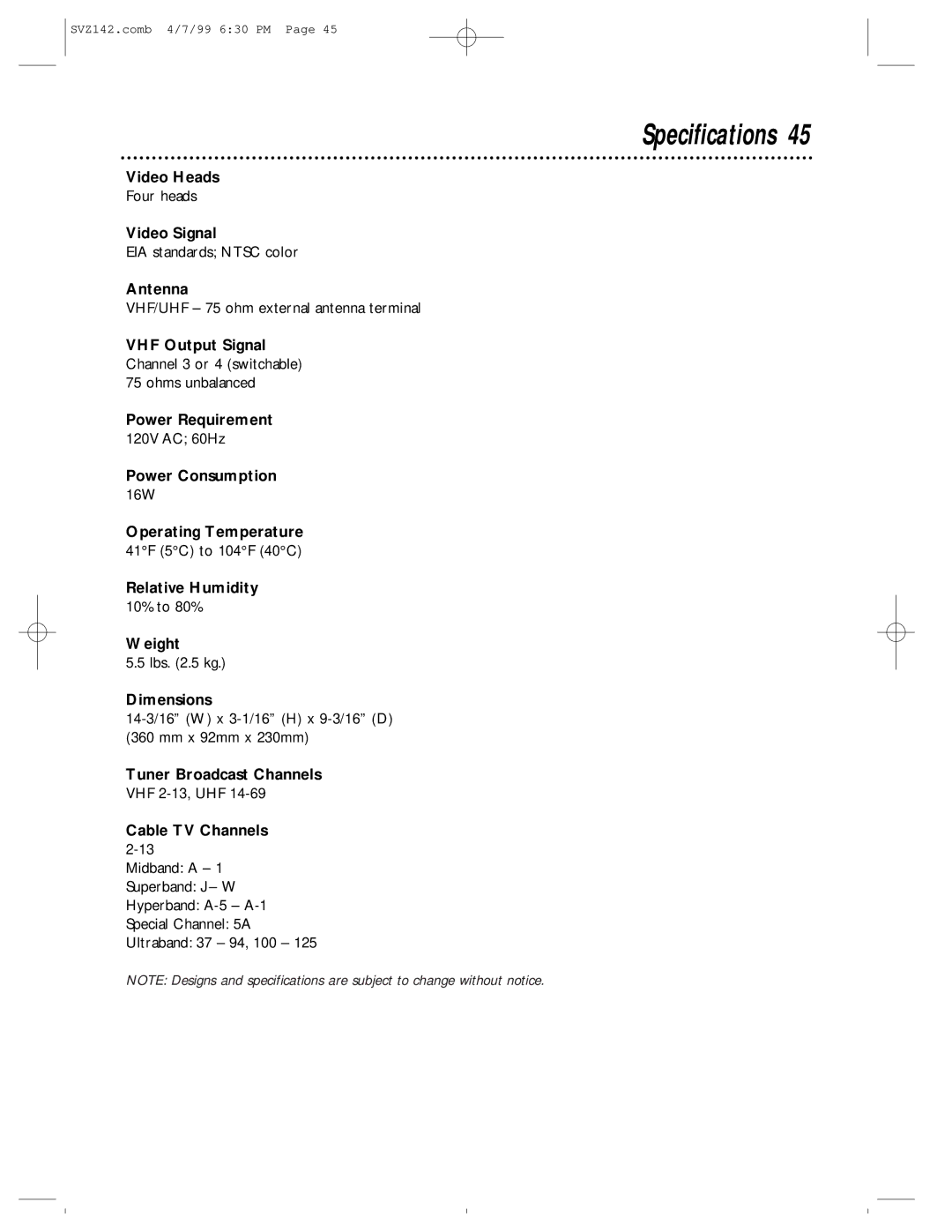 Philips SV2000 owner manual Specifications 