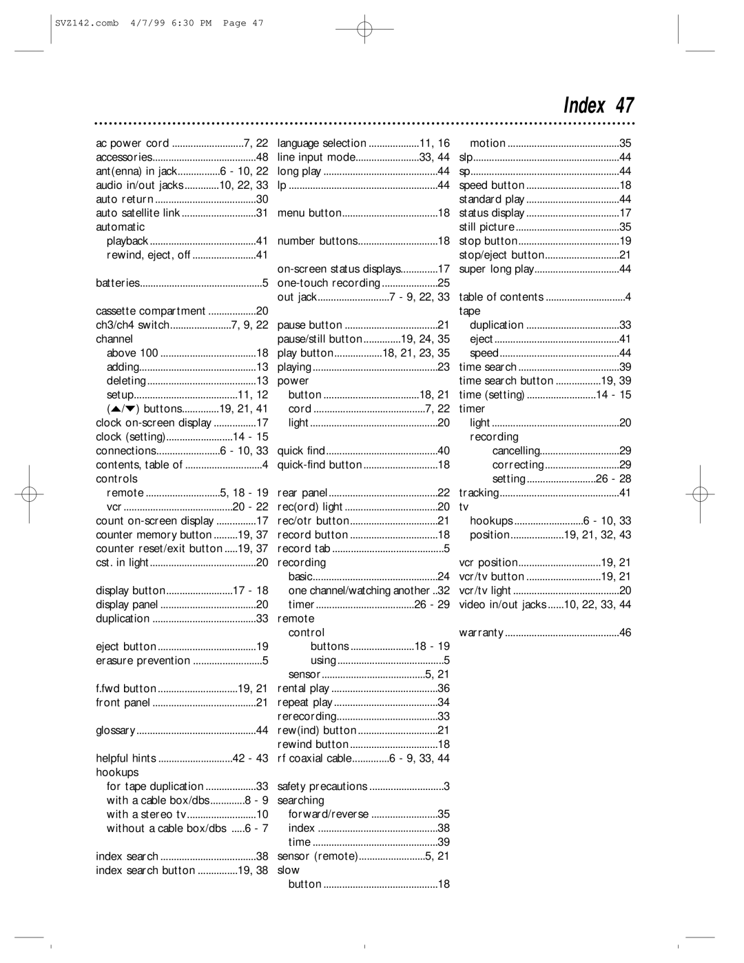 Philips SV2000 owner manual Index 