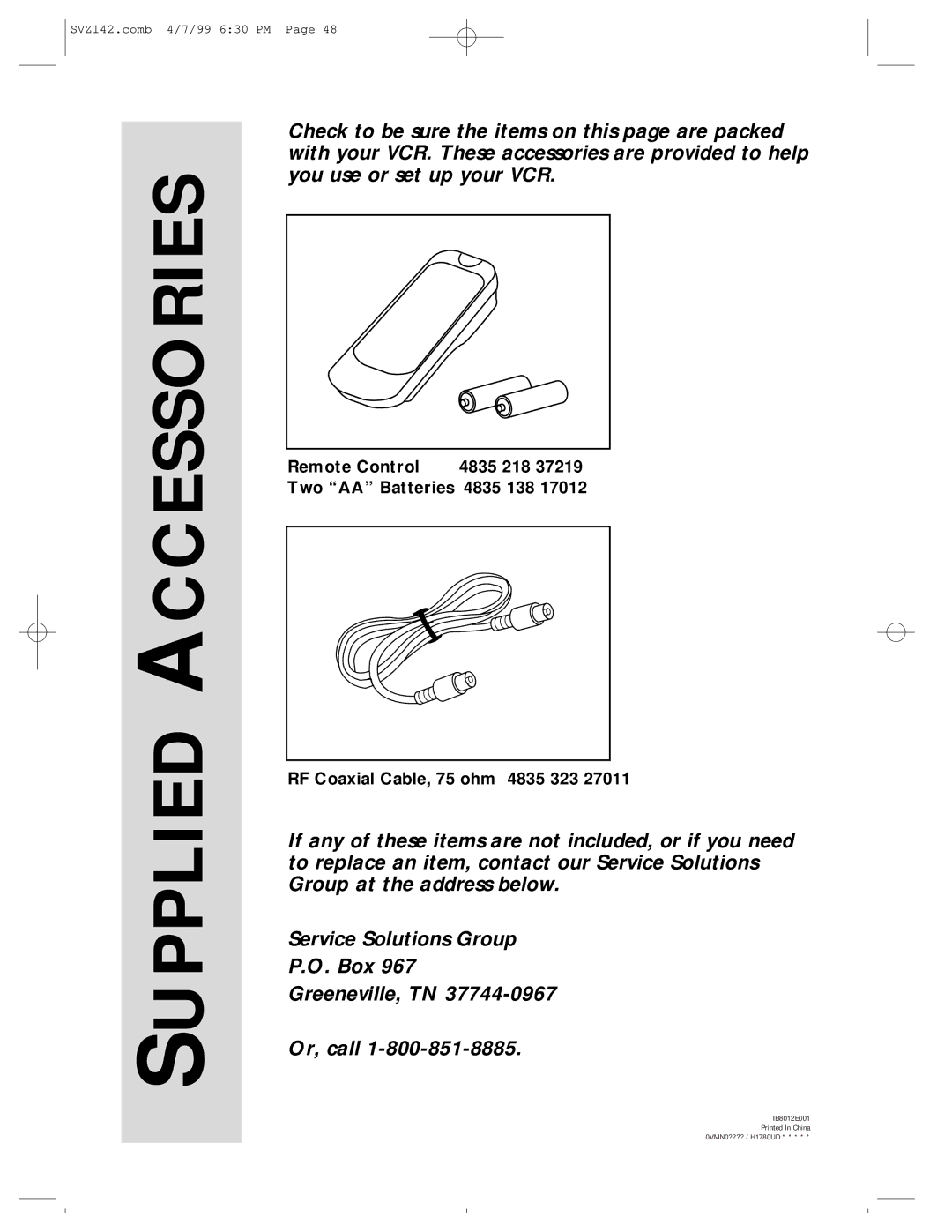 Philips SV2000 owner manual Supplied Accessories 