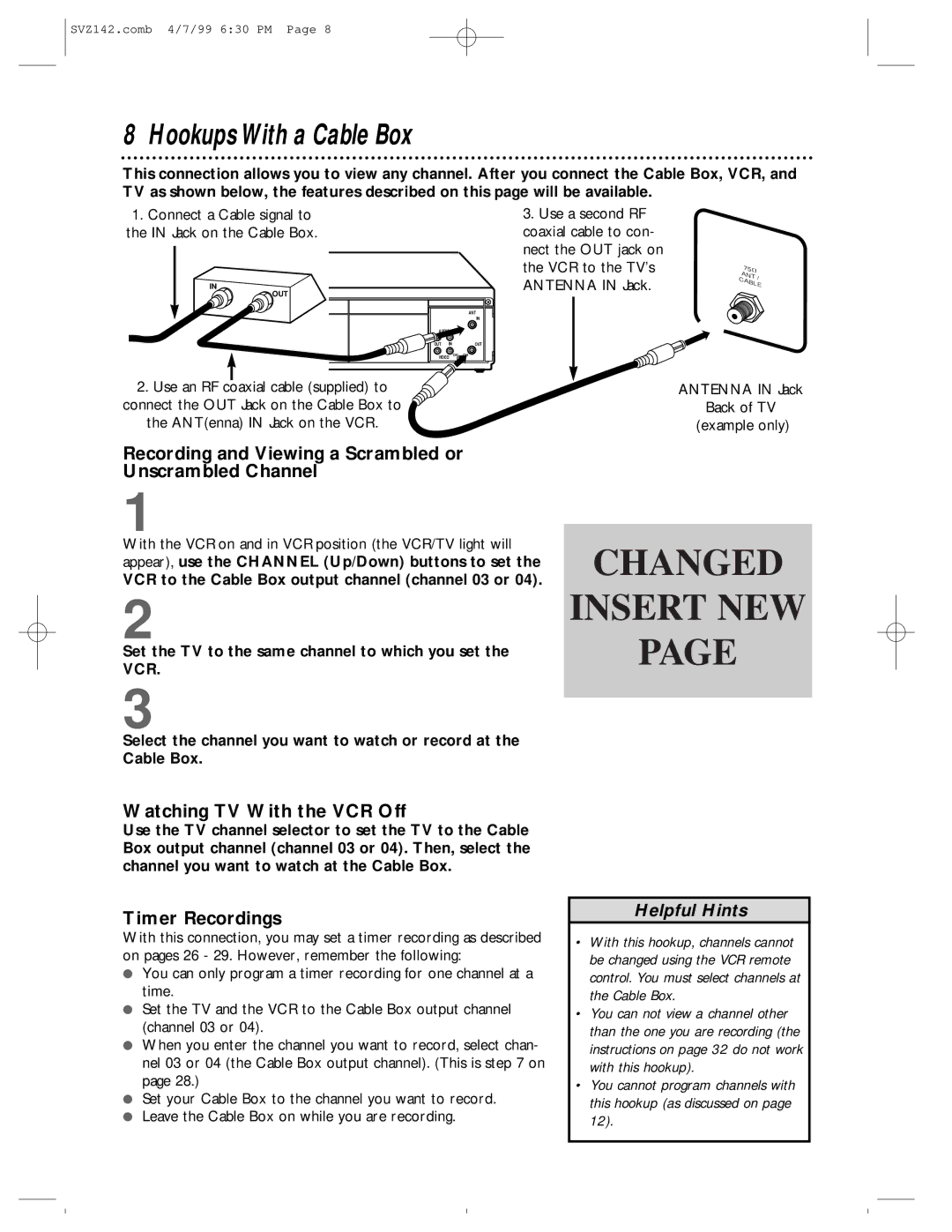 Philips SV2000 Hookups With a Cable Box, Recording and Viewing a Scrambled or Unscrambled Channel, Timer Recordings 