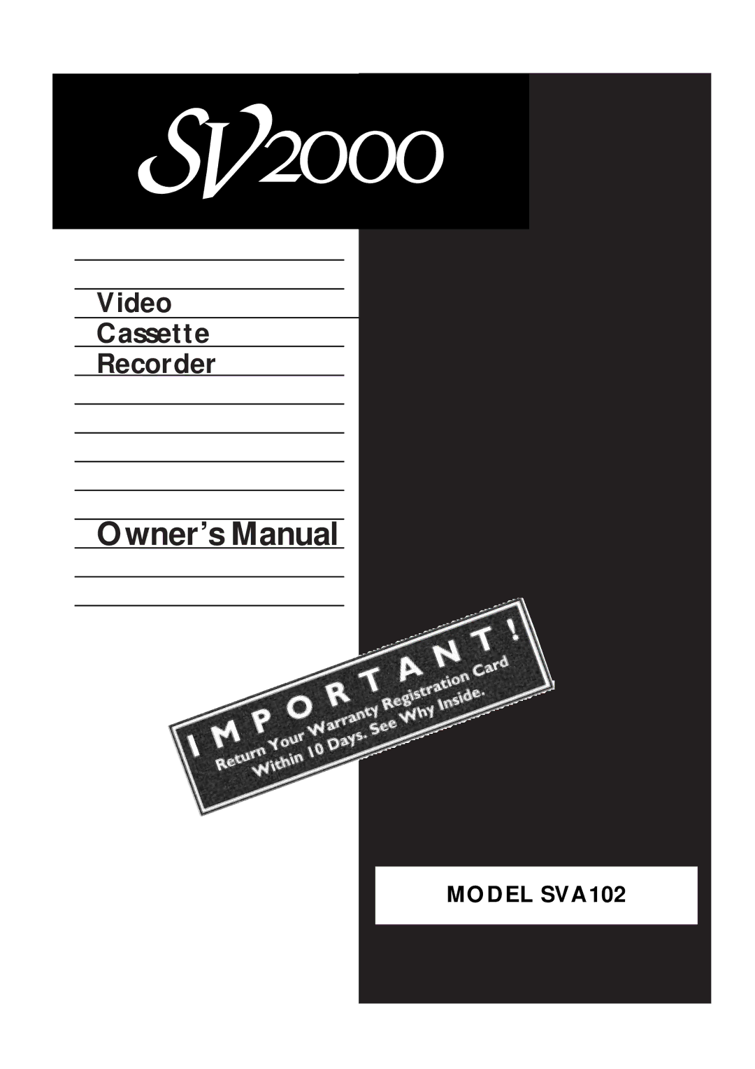 Philips SVA102 owner manual Video Cassette Recorder 