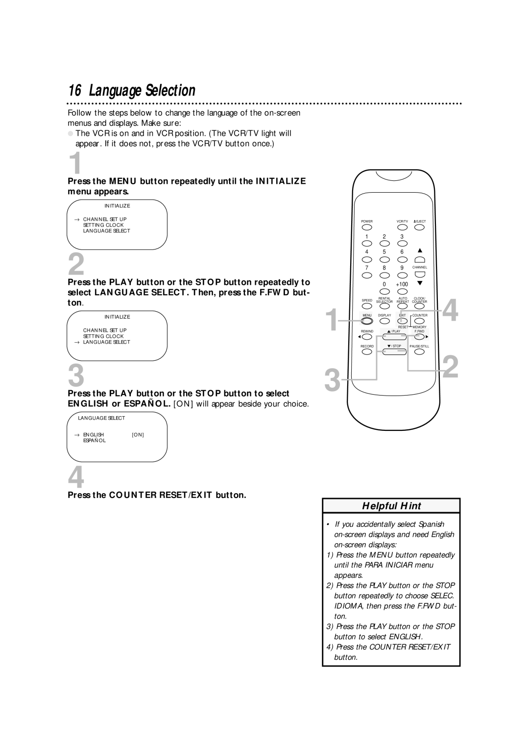 Philips SVA102 owner manual Language Selection, Press the Counter RESET/EXIT button 