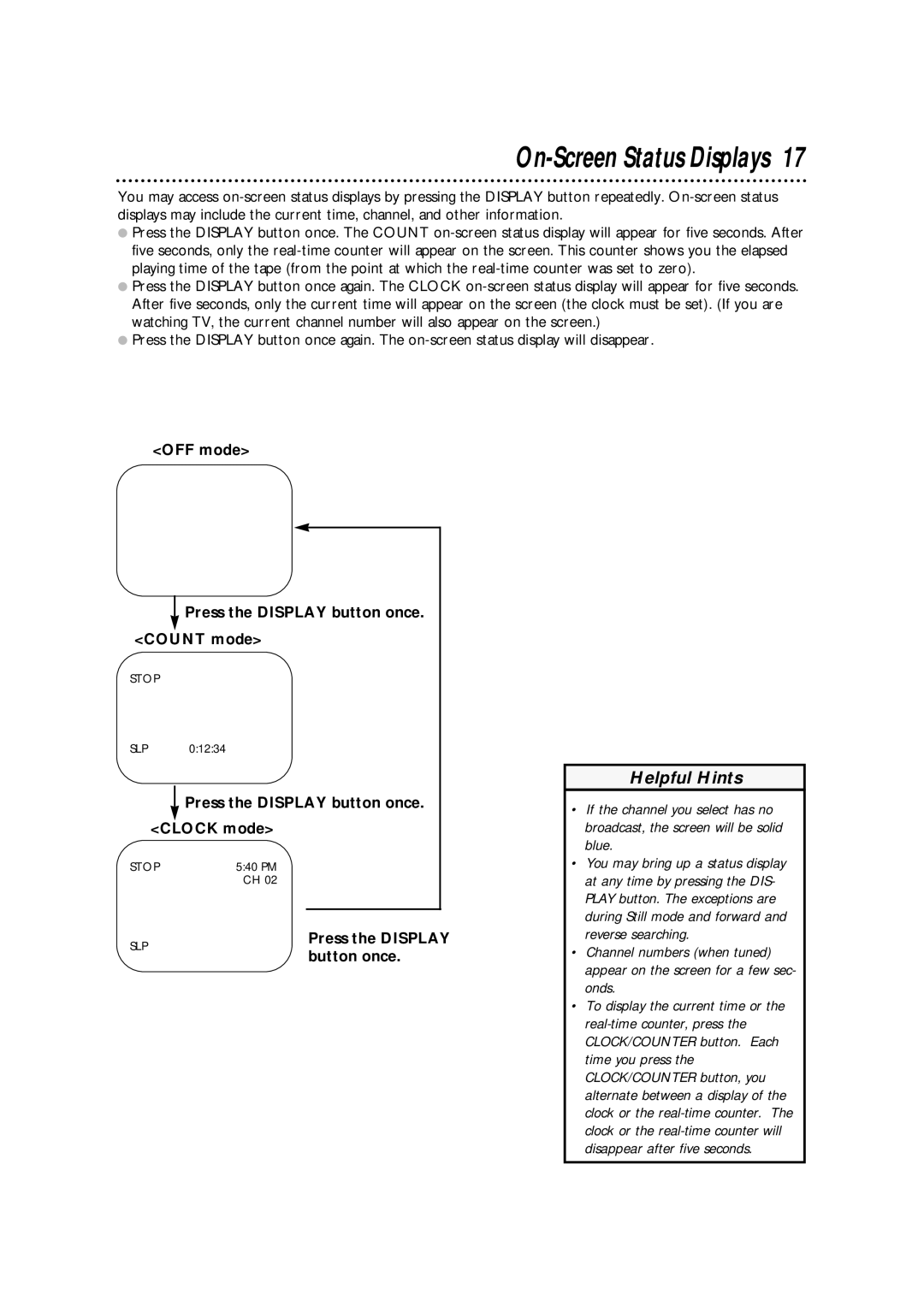 Philips SVA102 owner manual On-Screen Status Displays, OFF mode Press the Display button once Count mode 