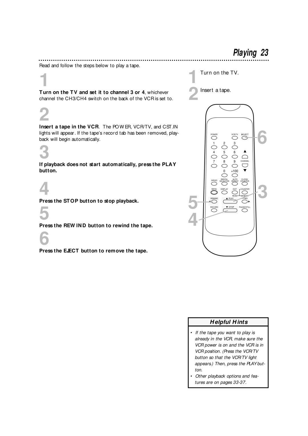 Philips SVA102 owner manual Playing, Read and follow the steps below to play a tape 