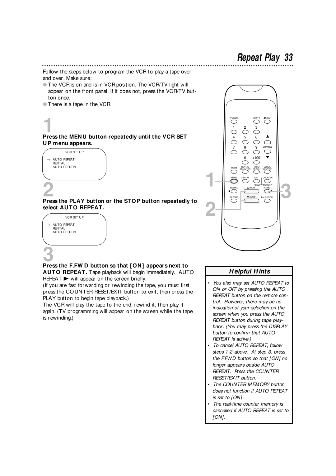 Philips SVA102 owner manual Repeat Play 