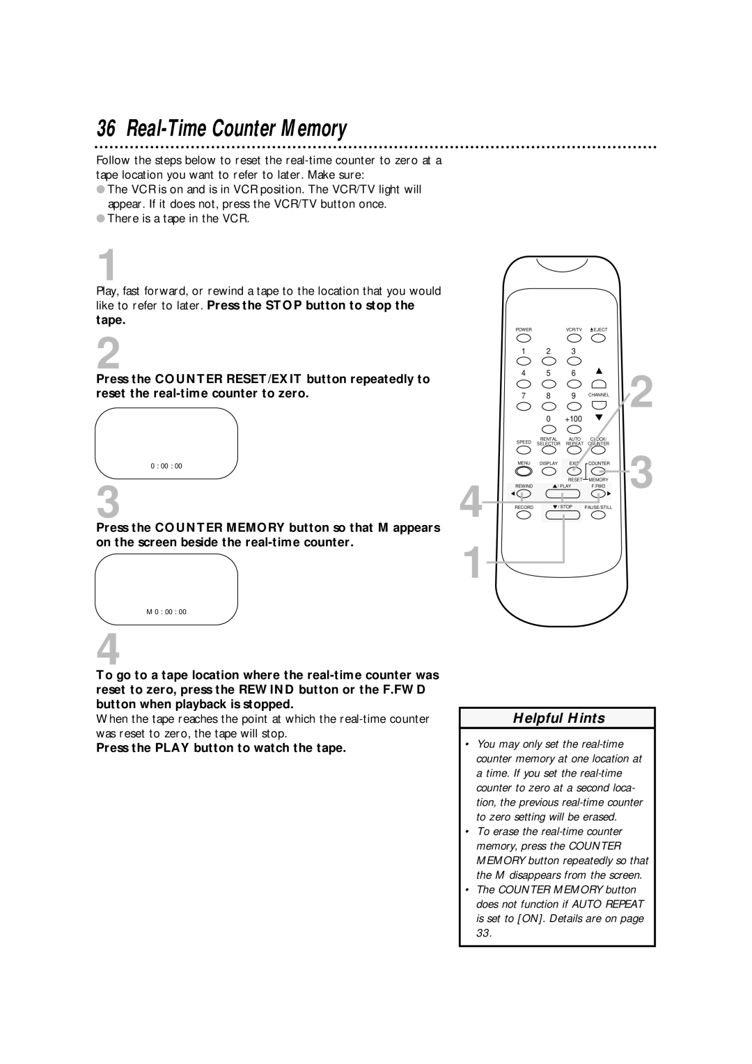 Philips SVA102 owner manual Real-Time Counter Memory, Press the Play button to watch the tape 