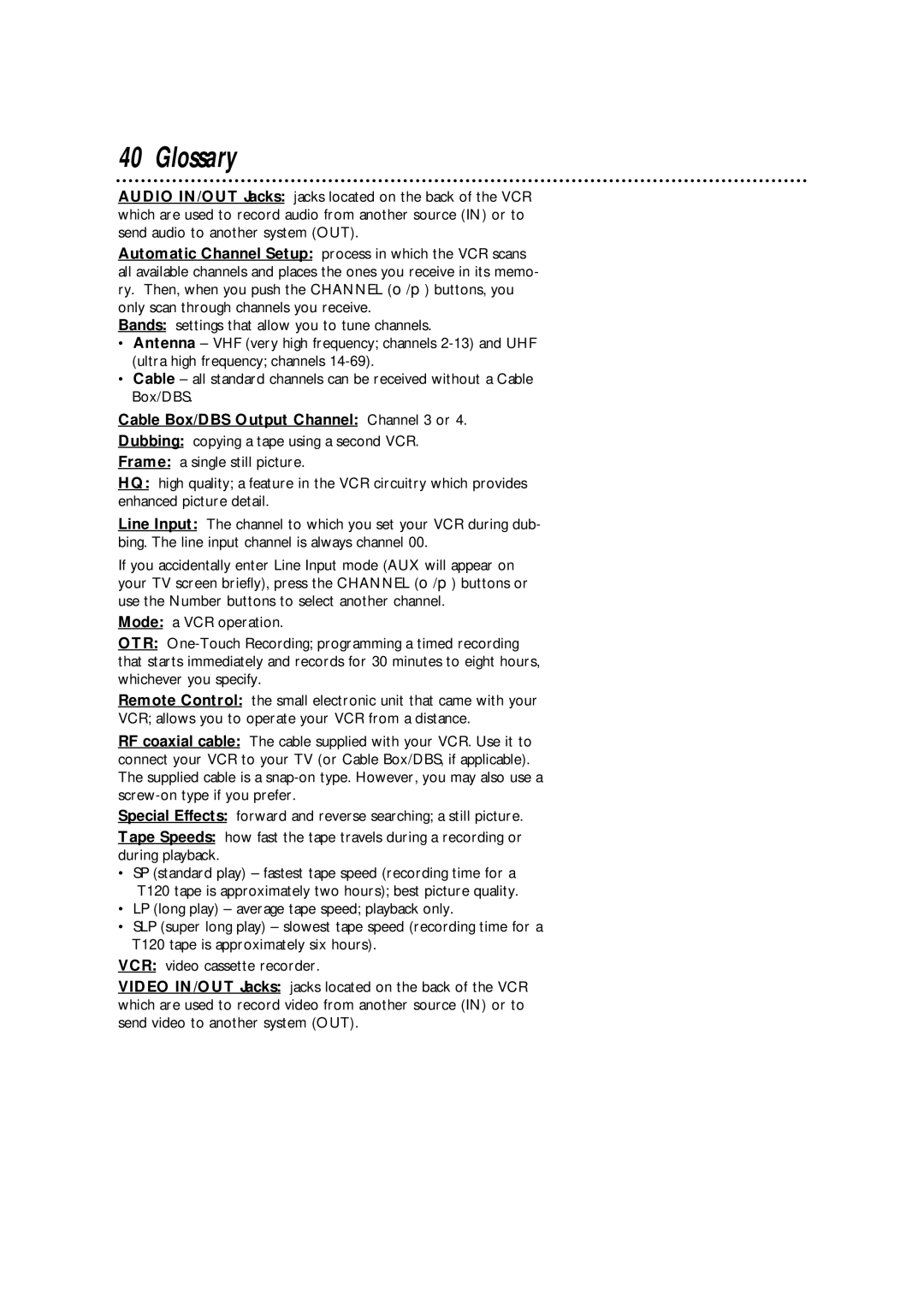 Philips SVA102 owner manual Glossary, Cable Box/DBS Output Channel Channel 3 or 