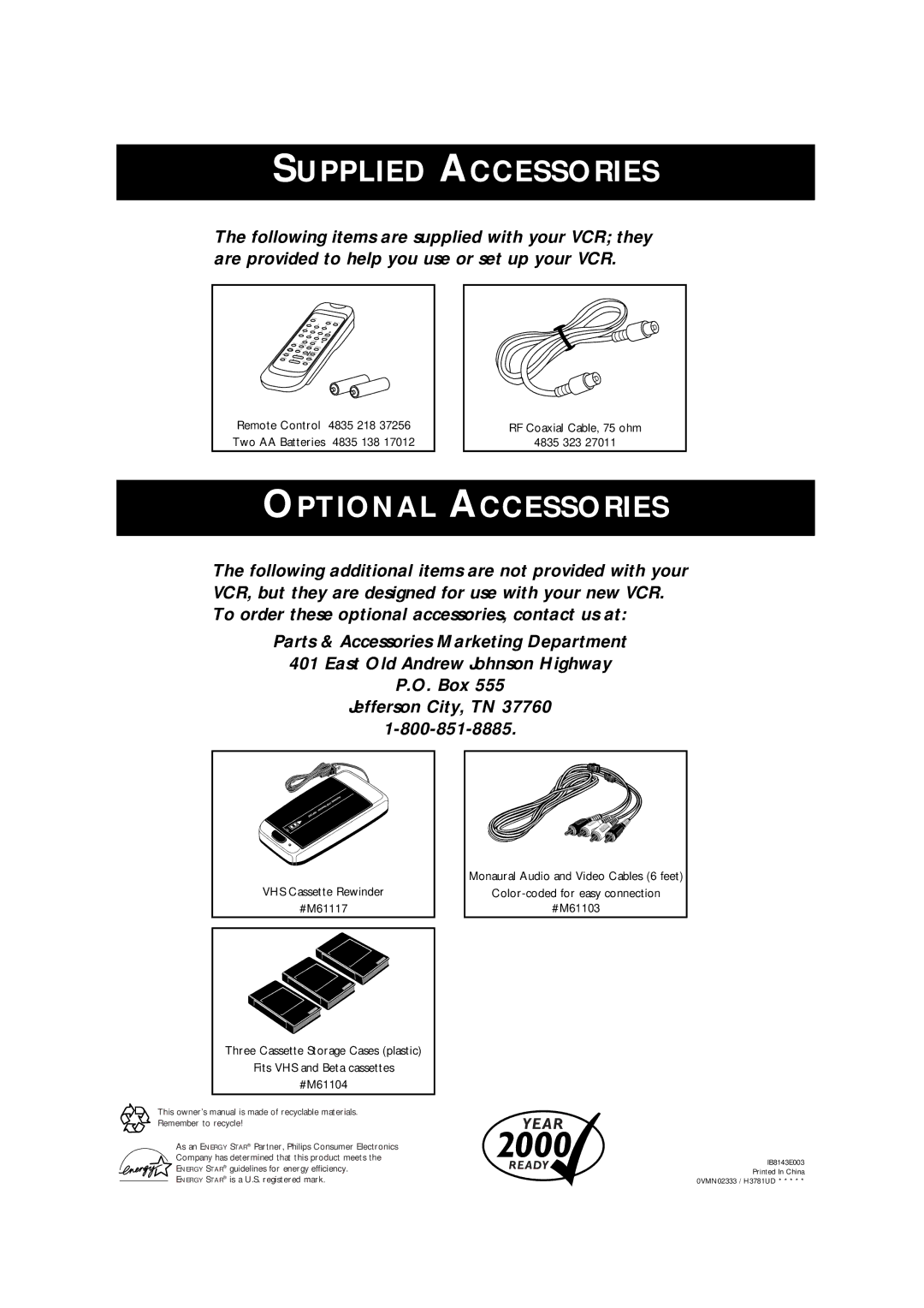 Philips SVA102 owner manual Supplied Accessories 