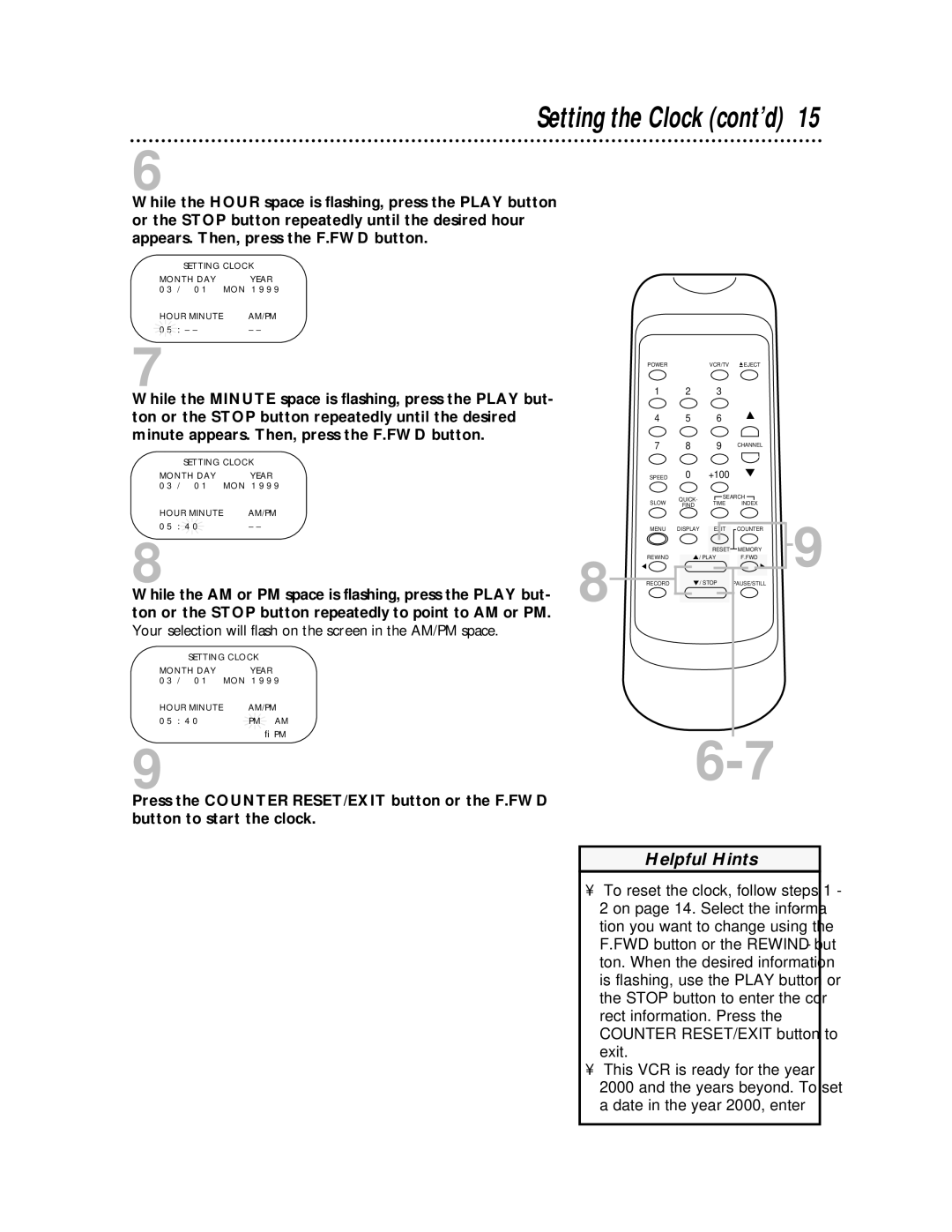 Philips SVA104 owner manual 96-7, Setting the Clock cont’d 