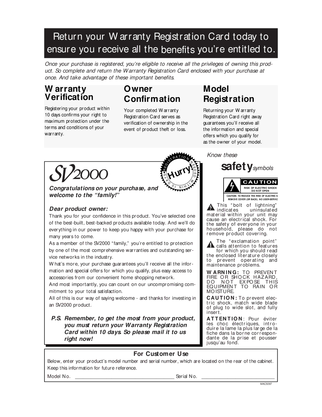 Philips SVA104 owner manual Warranty Verification, For Customer Use 