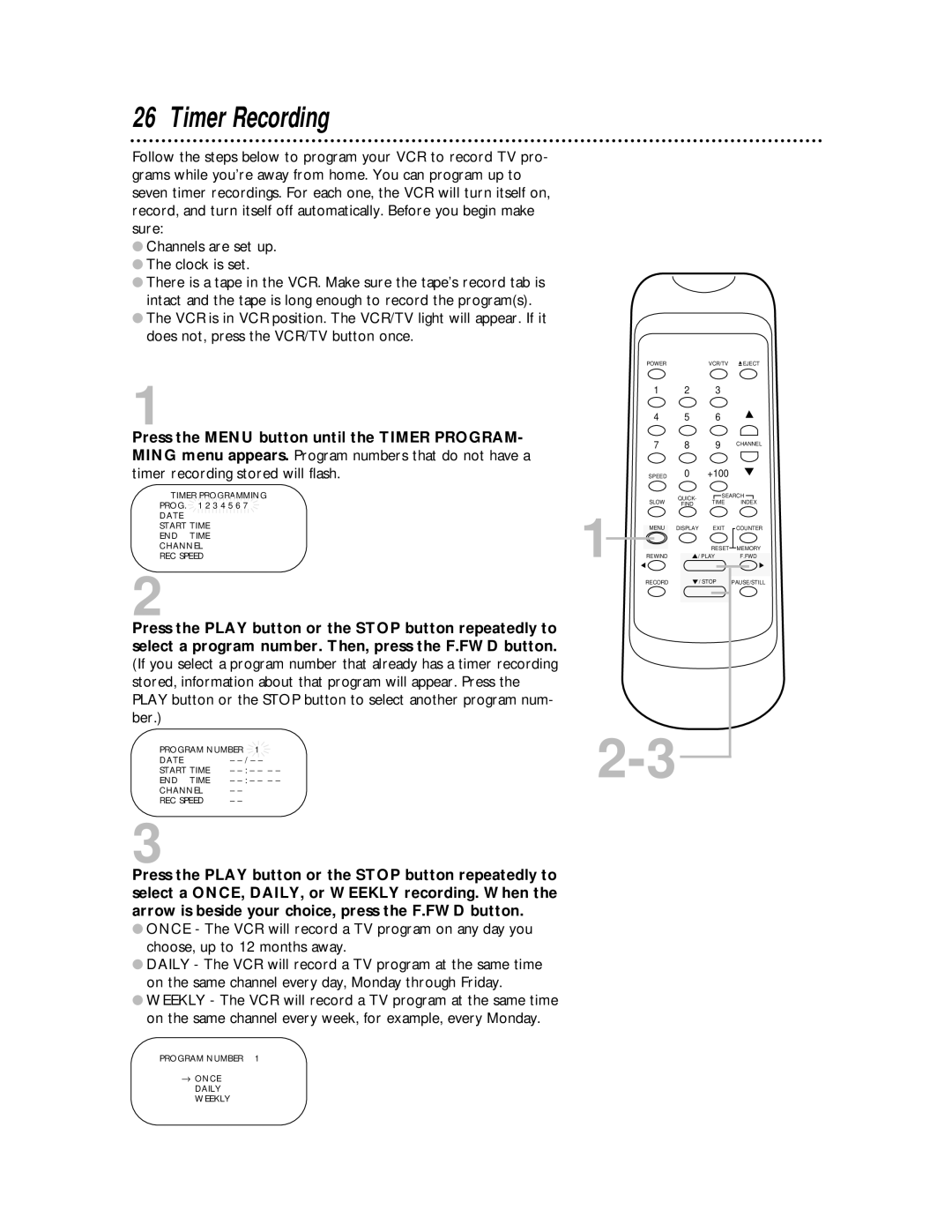 Philips SVA104 owner manual Timer Recording, Program Number → Once Daily Weekly 