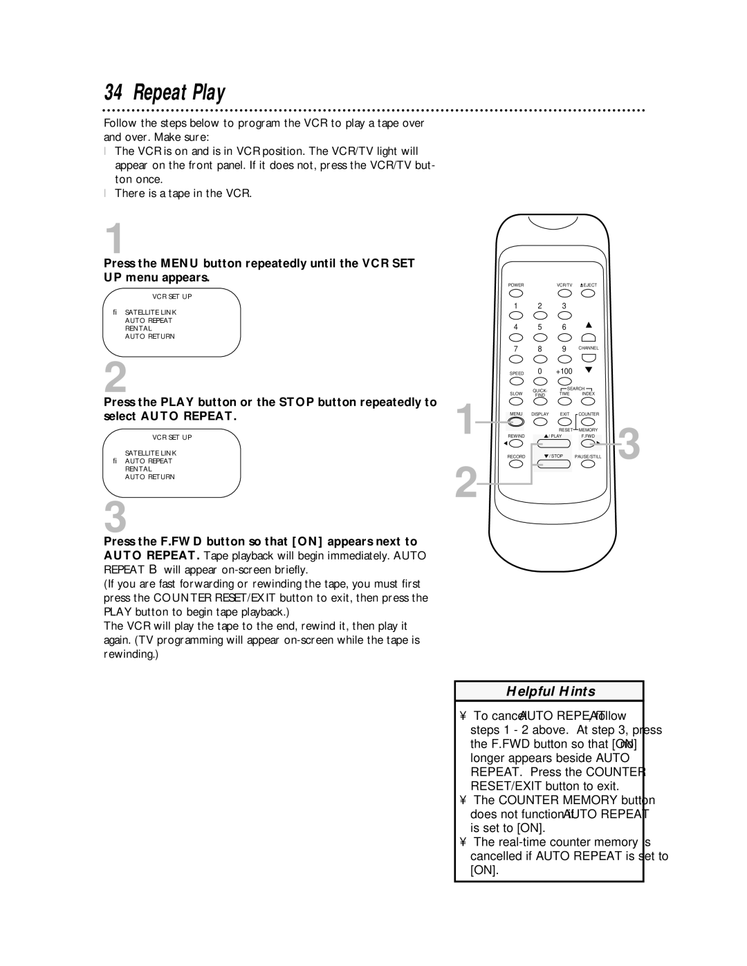 Philips SVA104 owner manual Repeat Play 