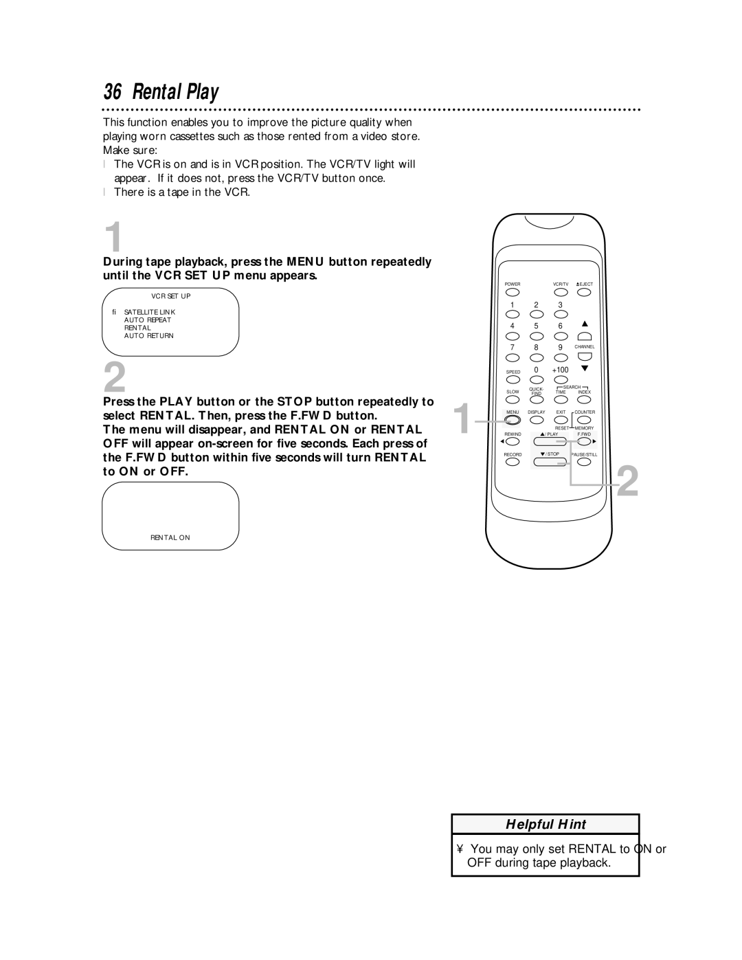 Philips SVA104 owner manual Rental Play, Menu will disappear, and Rental on or Rental, To on or OFF 