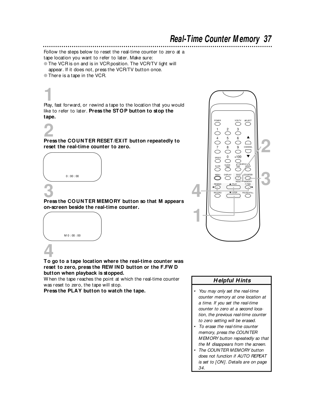 Philips SVA104 owner manual Real-Time Counter Memory, Press the Play button to watch the tape 