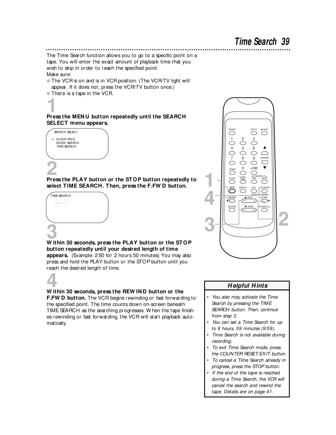 Philips SVA104 owner manual Time Search is not available during recording 