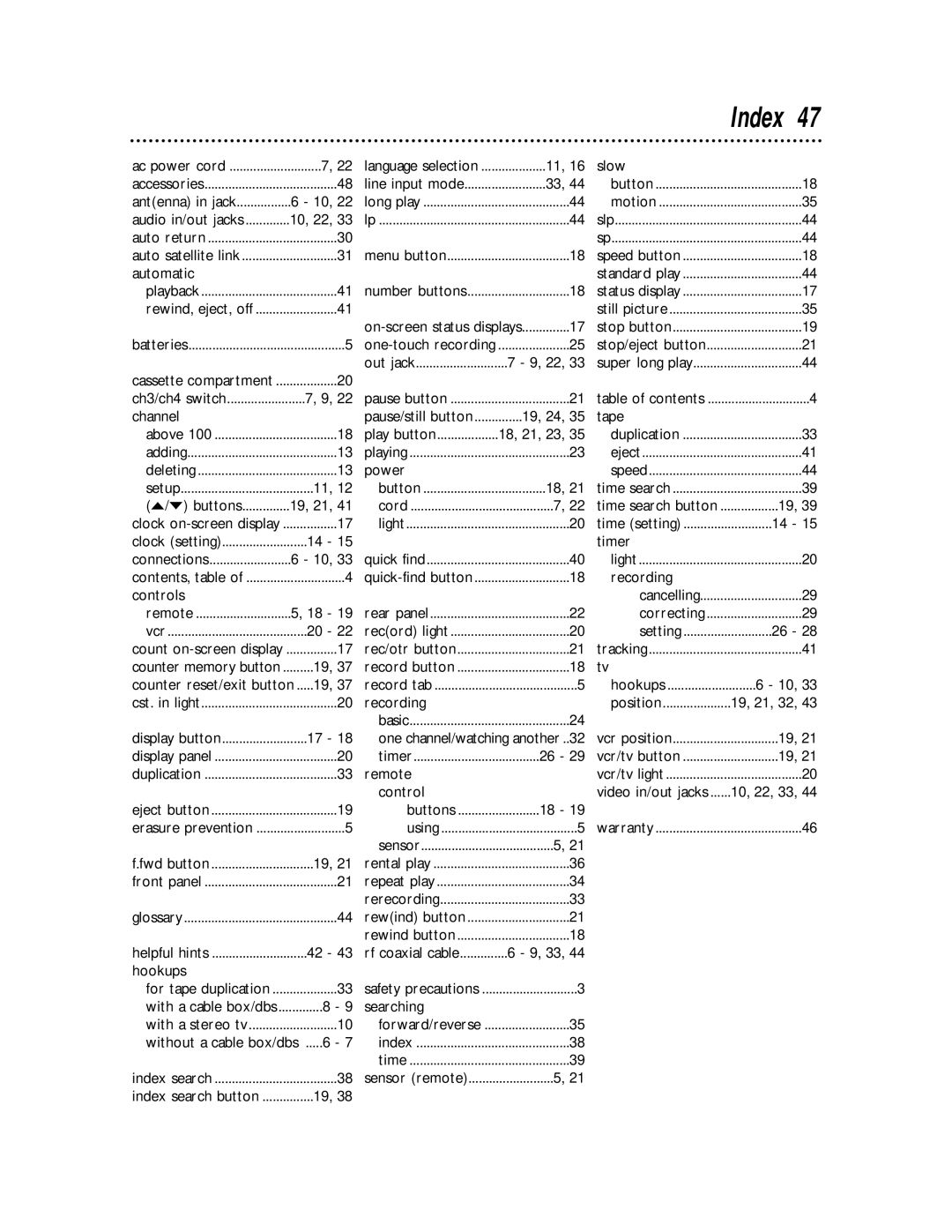 Philips SVA104 owner manual Index 