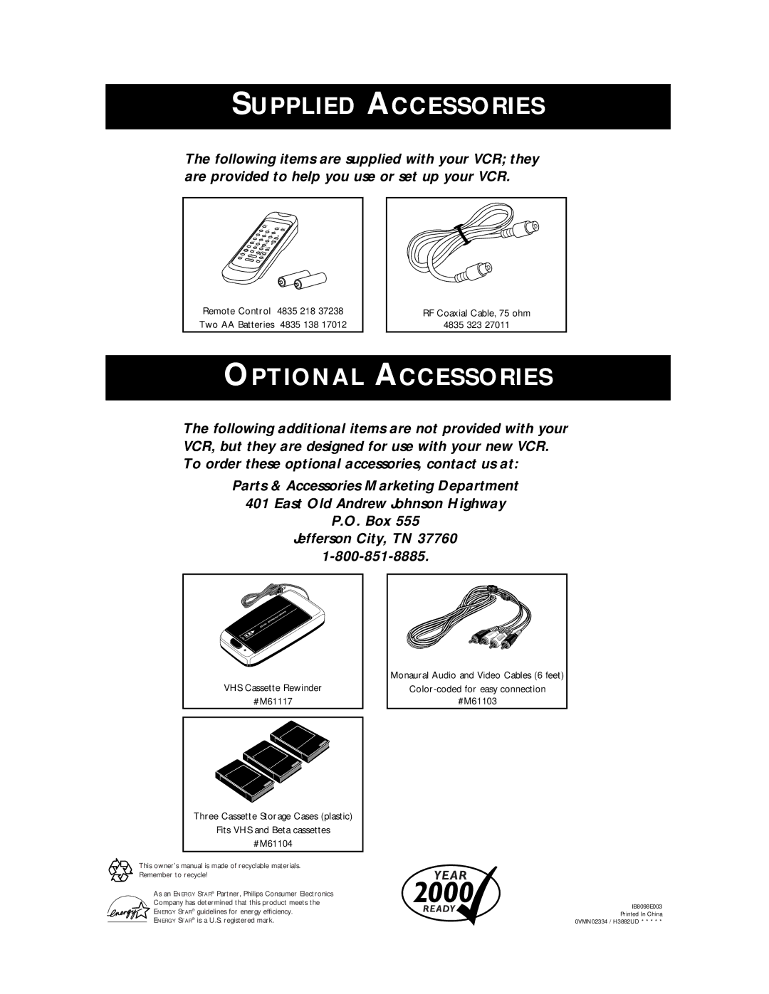 Philips SVA104 owner manual Supplied Accessories 