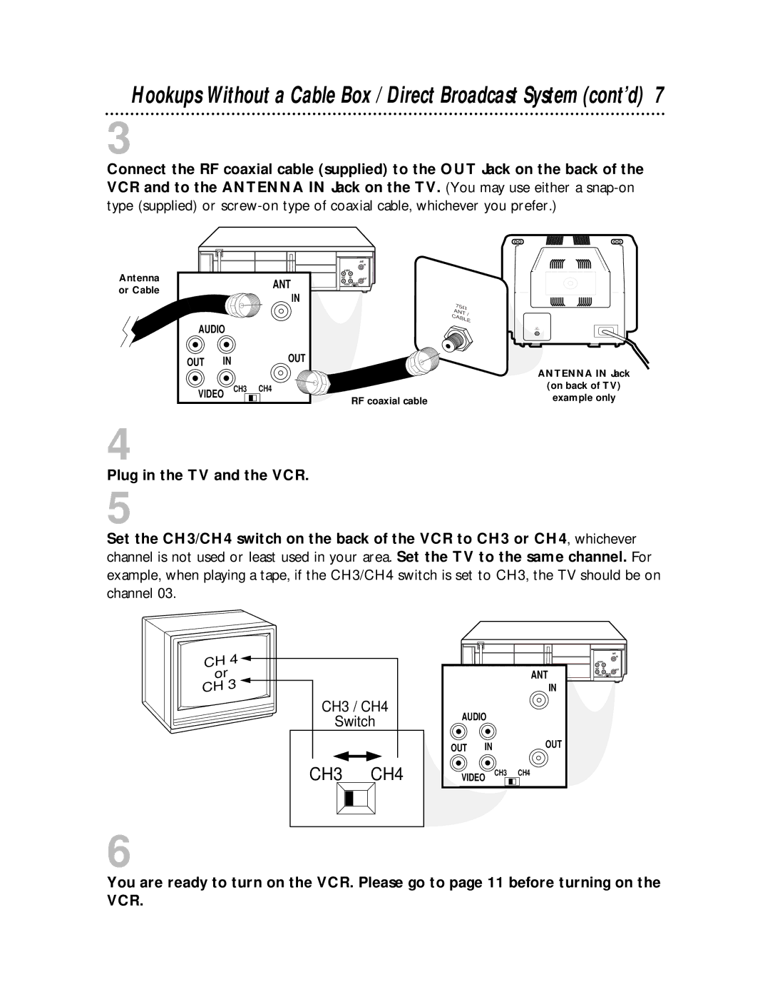 Philips SVA104 owner manual CH3 CH4, Plug in the TV and the VCR 