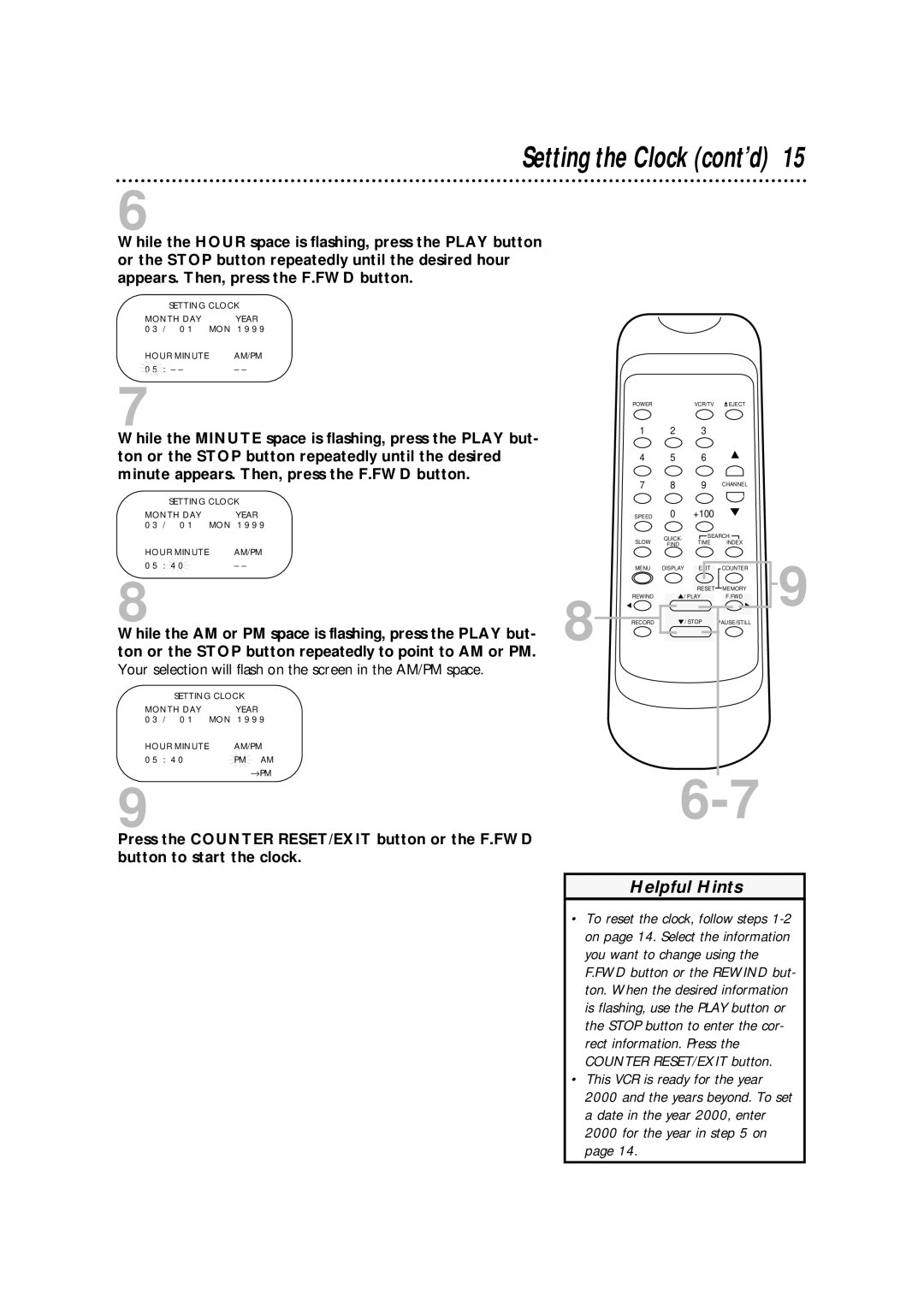 Philips SVA106 owner manual 96-7, Setting the Clock cont’d 