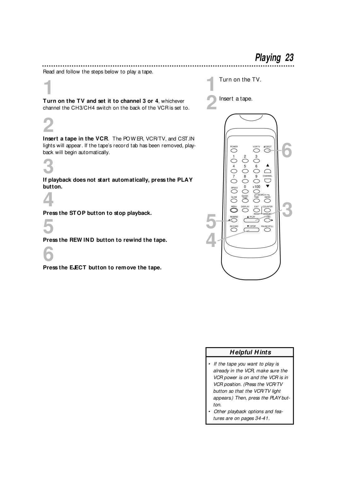 Philips SVA106 owner manual Playing, Read and follow the steps below to play a tape 