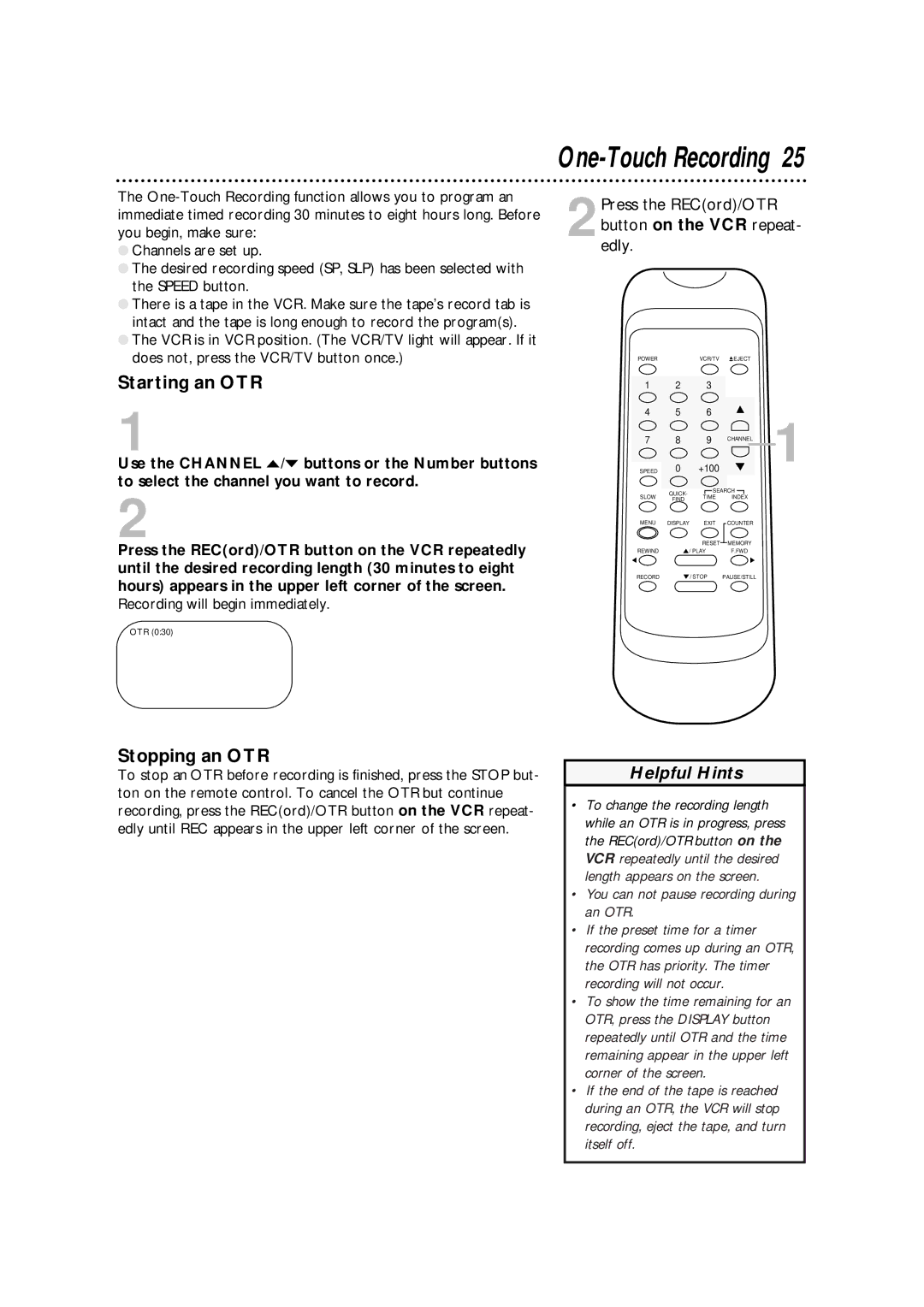 Philips SVA106 owner manual Starting an OTR, Stopping an OTR 